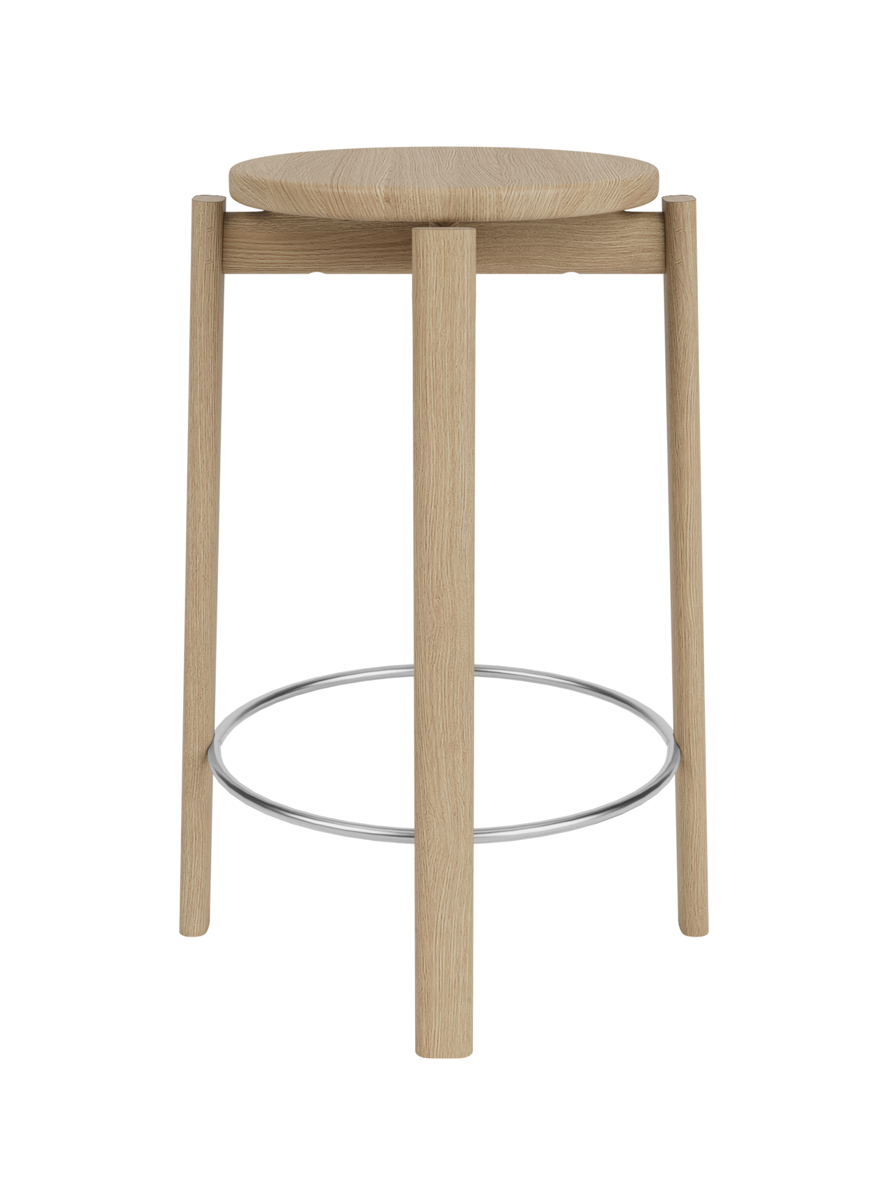 A front view of the Passage Counter Stool in natural oak, showing its round seat, three legs, and stainless steel footrest.
