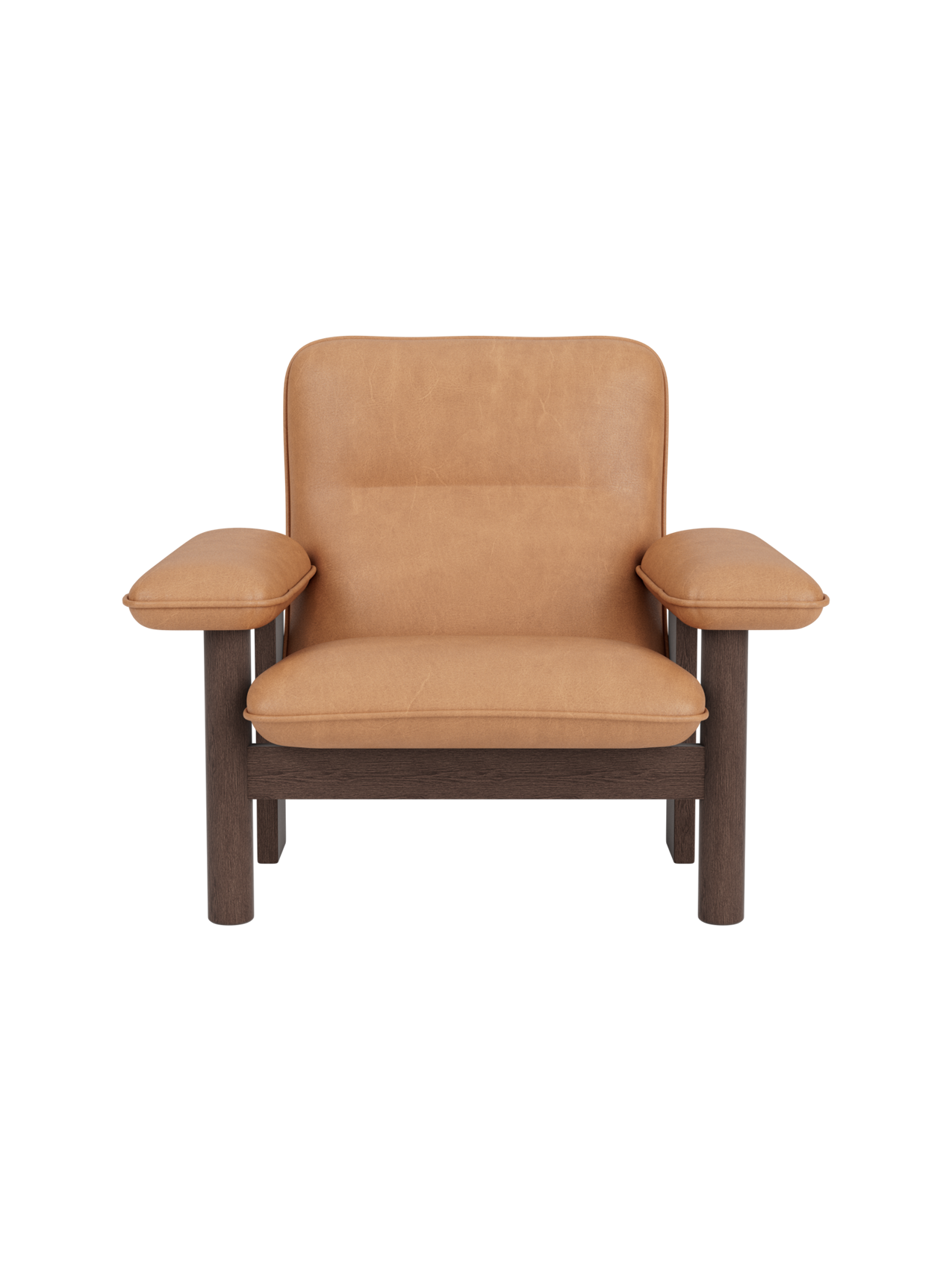 Front-on view of the Brasilia Lounge Chair, High Back, with a dark stained oak frame and plush camel-coloured upholstery.