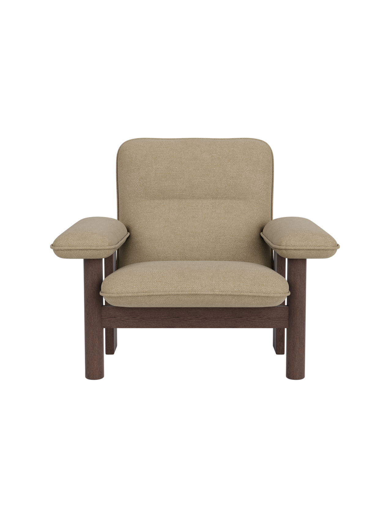 Front-on view of the Brasilia Lounge Chair, High Back, with a dark stained oak frame and cushions in a sand bouclé.