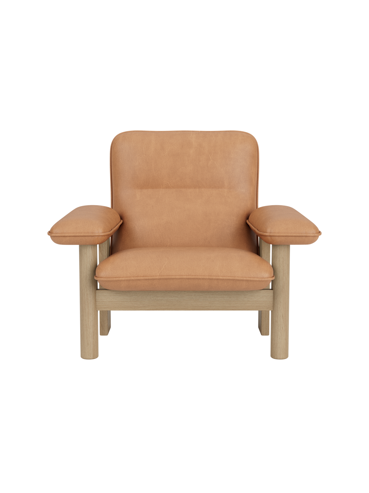 Brasilia Lounge Chair in natural oak and camel leather. A minimalist modern armchair with a sturdy frame and plush cushions.