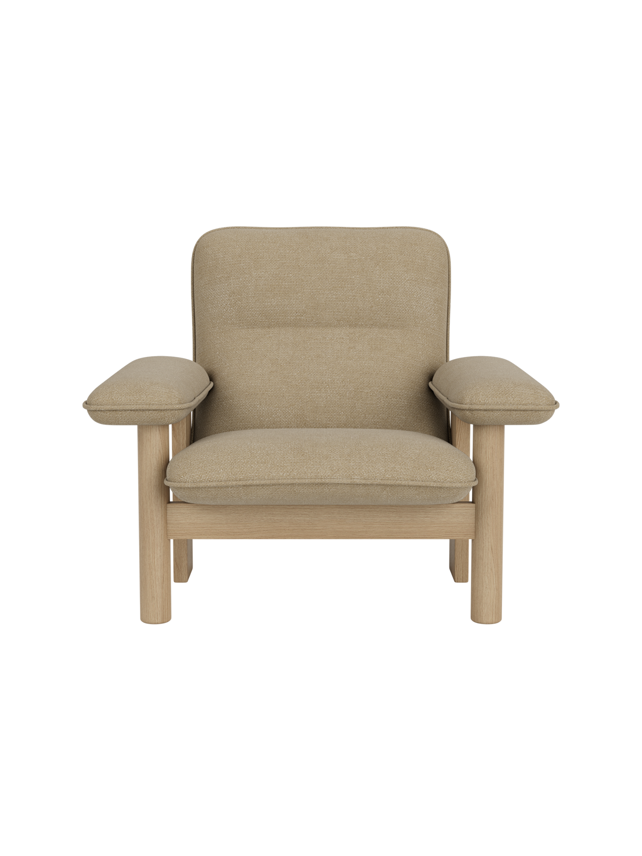 Front view of the Brasilia Lounge Chair with a natural oak frame and thick cushions upholstered in Audo Bouclé 02.