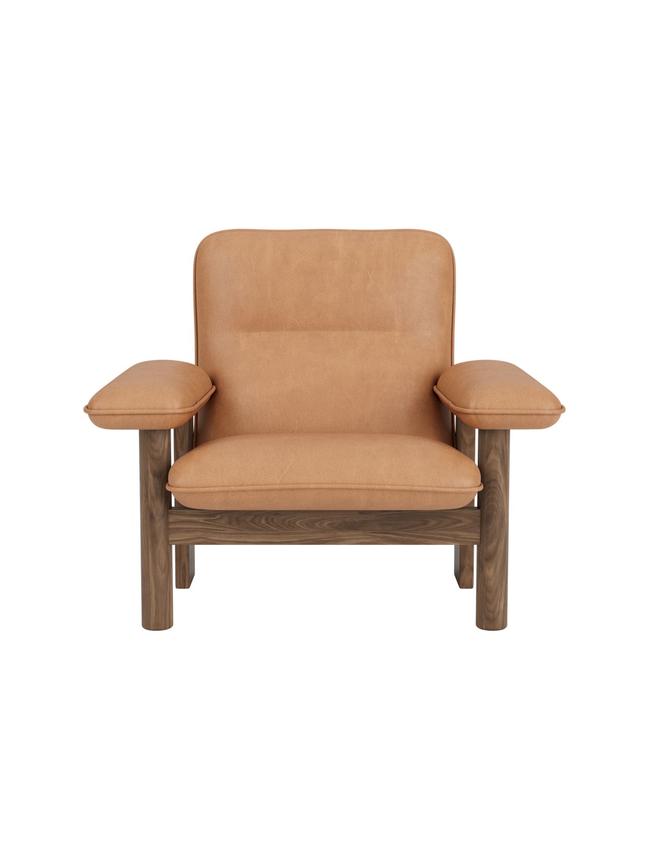 Front view of the Brasilia Lounge Chair in walnut with plush, camel leather upholstery, shown against a black background.