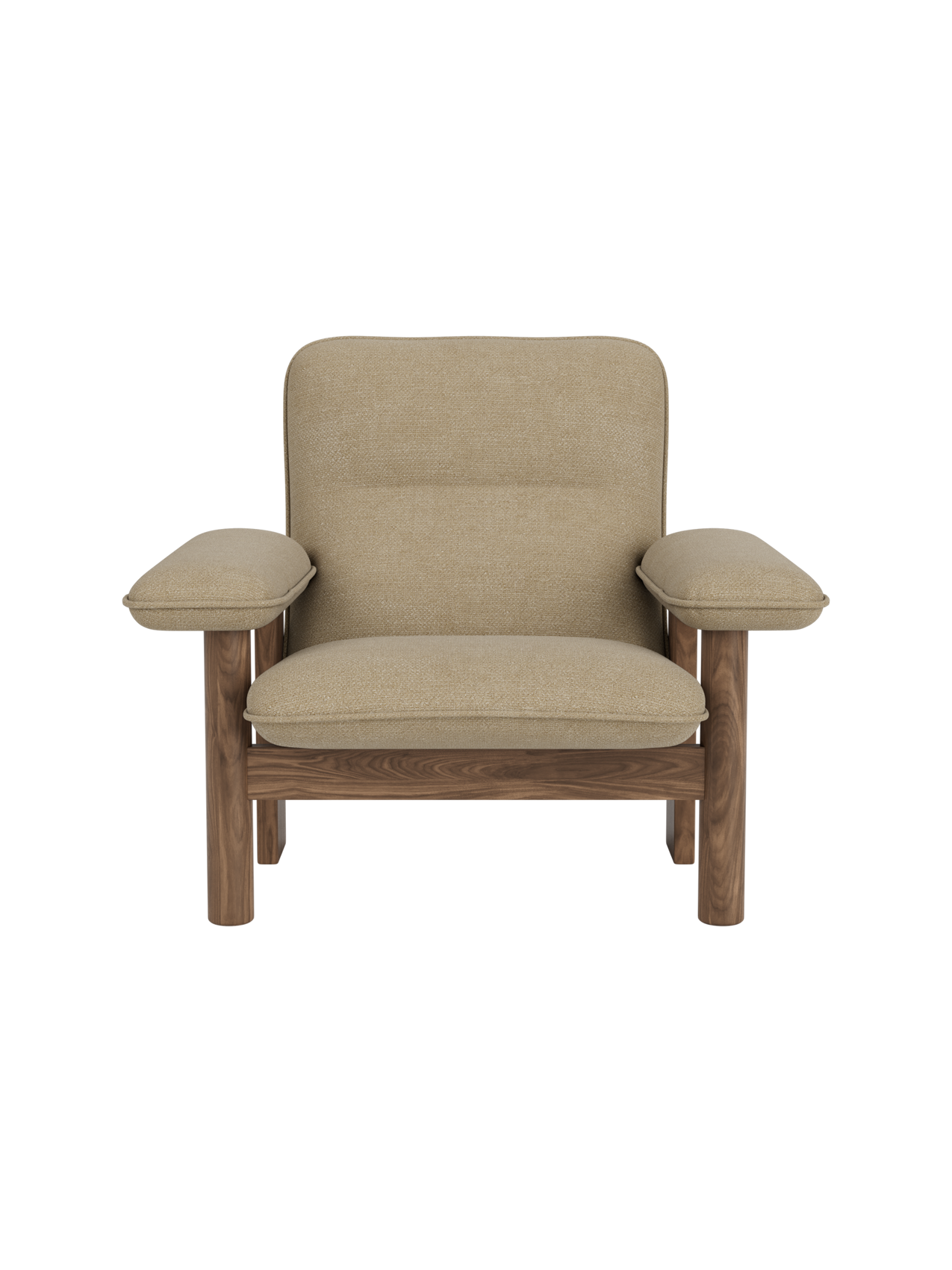Front view of the Brasilia Lounge Chair with a walnut frame and beige Audo Bouclé 02 upholstery on a black background.