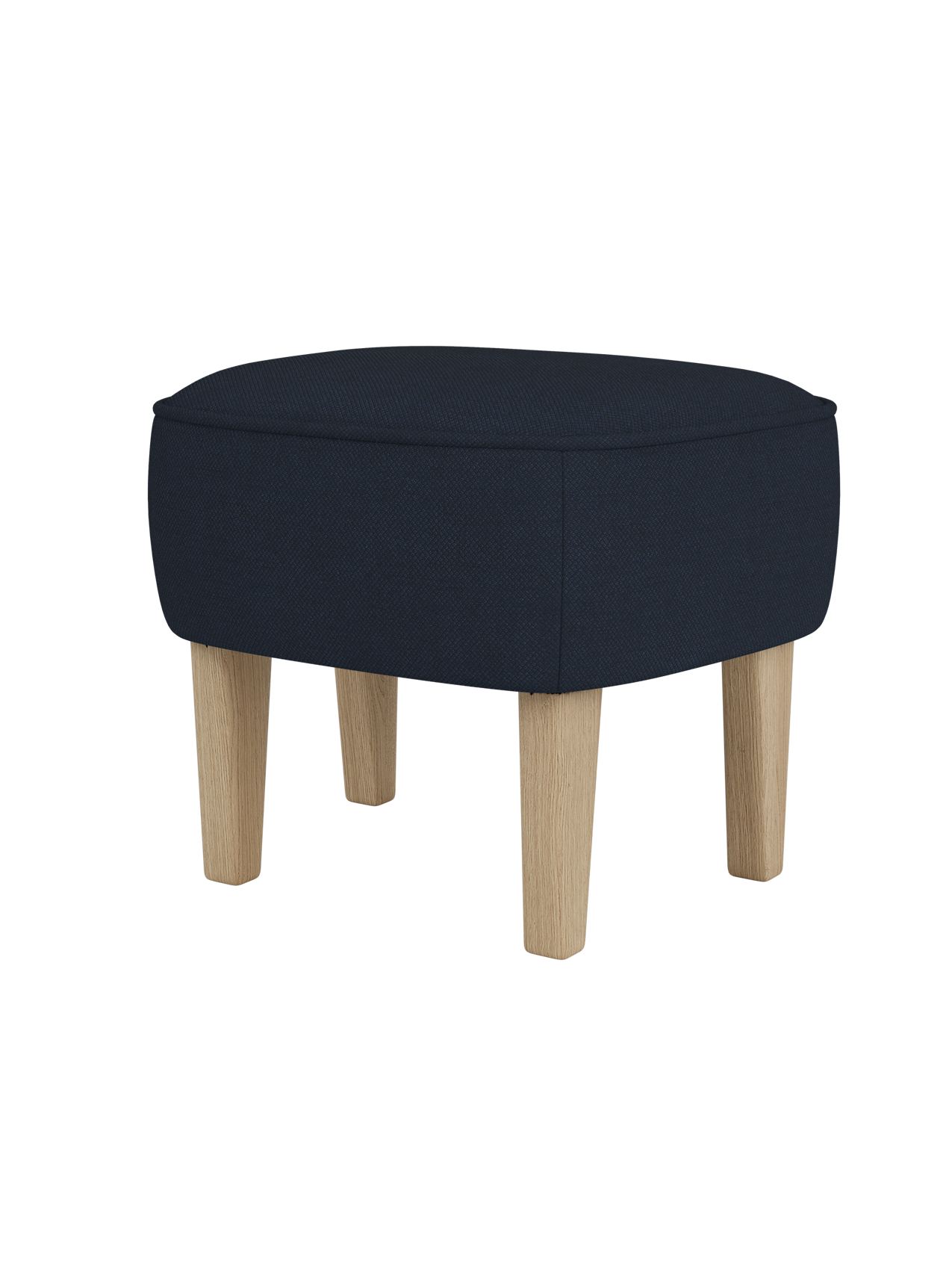The Ingeborg Ottoman, with a dark blue textured textile seat and natural oak legs, viewed from a front-three-quarter angle.