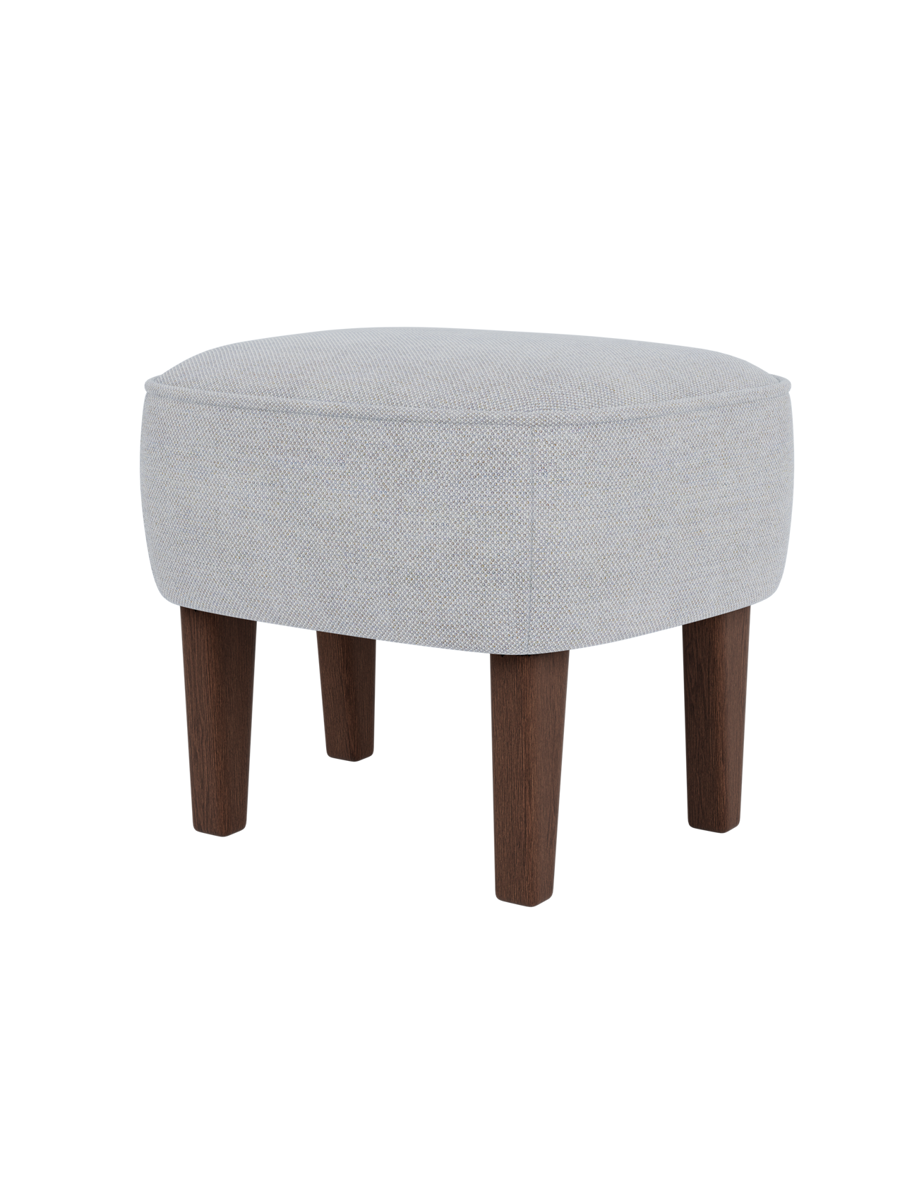 The Ingeborg Ottoman in a light grey Fiord 751 textile, shown from a three-quarter angle with dark-stained smoked oak legs.