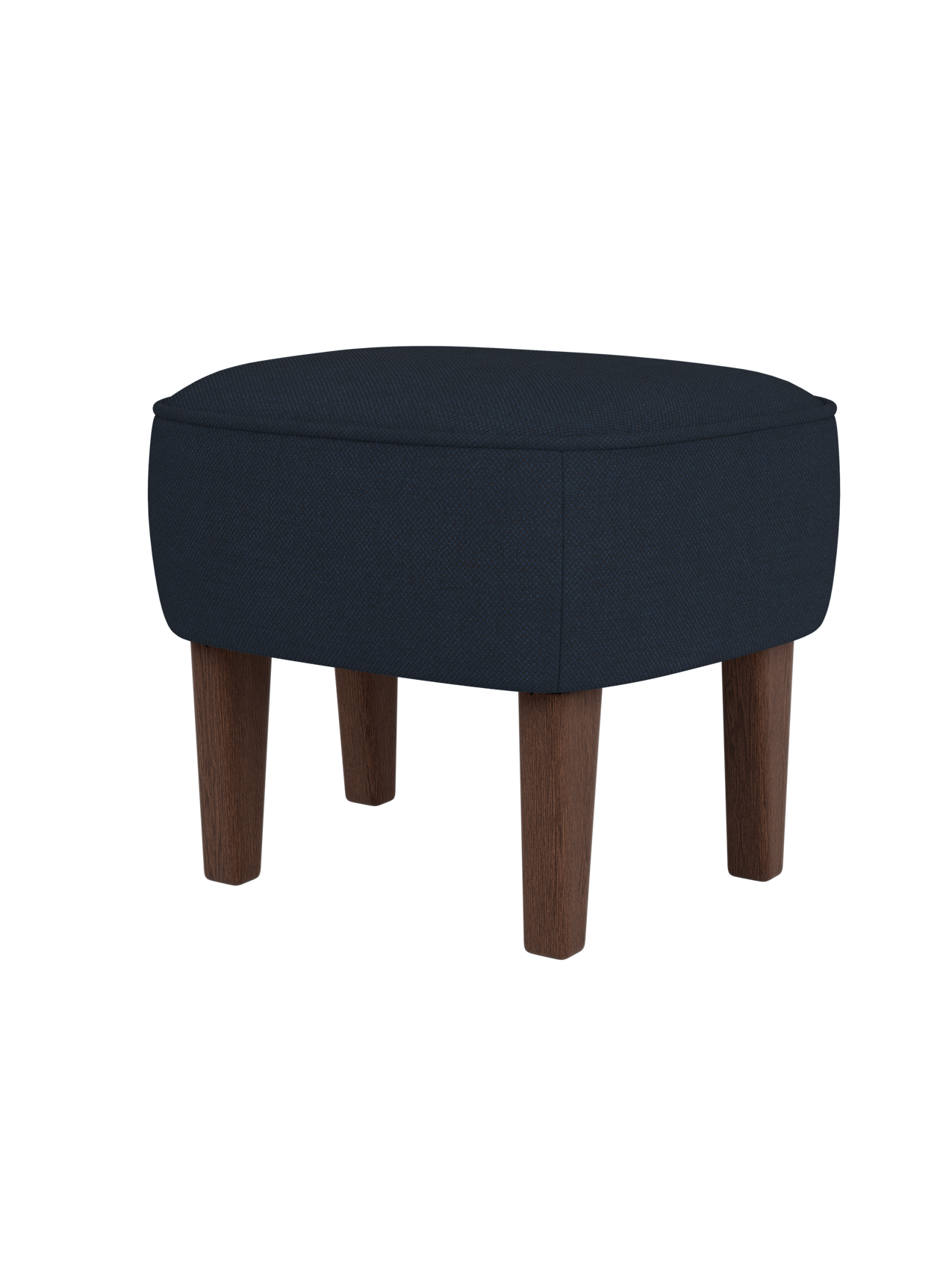 The Ingeborg Ottoman, upholstered in dark blue Fiord 782 fabric with smoked oak legs, shown against a plain black background.