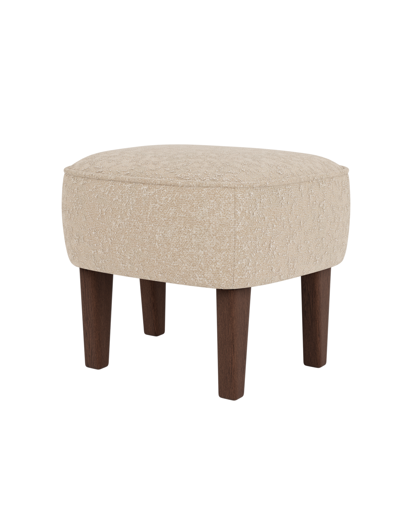 The Ingeborg Ottoman, shown from a three-quarter angle, with a textured light beige cushion and four tapered dark oak legs.
