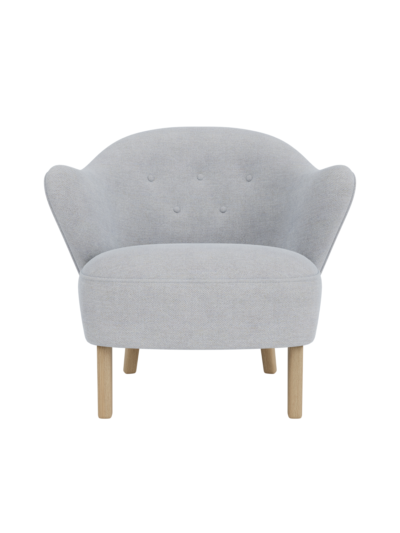 Front view of the Ingeborg Lounge Chair, featuring a light grey Fiord 751 textile upholstery and four natural oak legs.