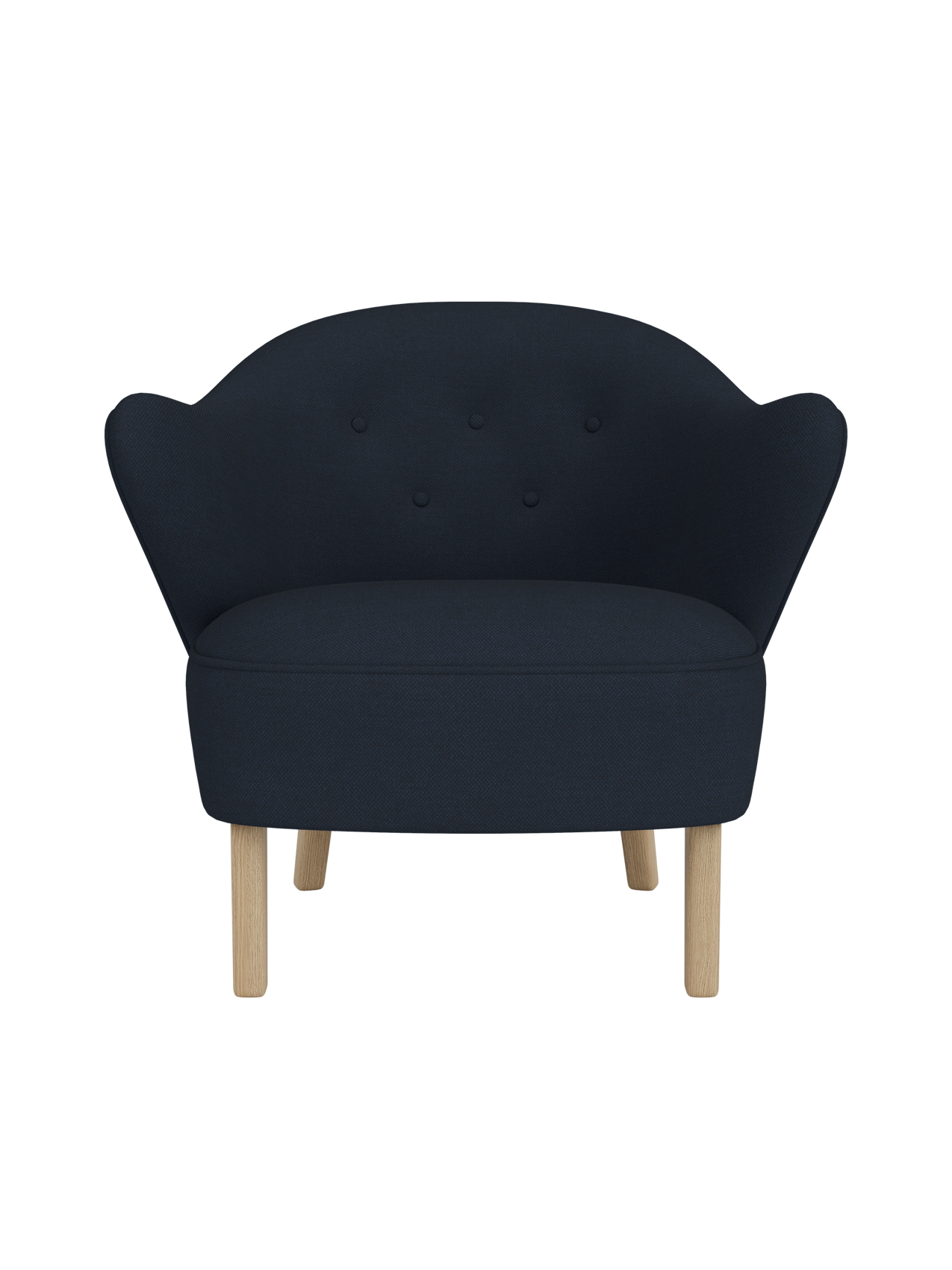 Front view of the Ingeborg Lounge Chair in dark navy Fiord 782, with a button-tufted backrest and natural oak legs.