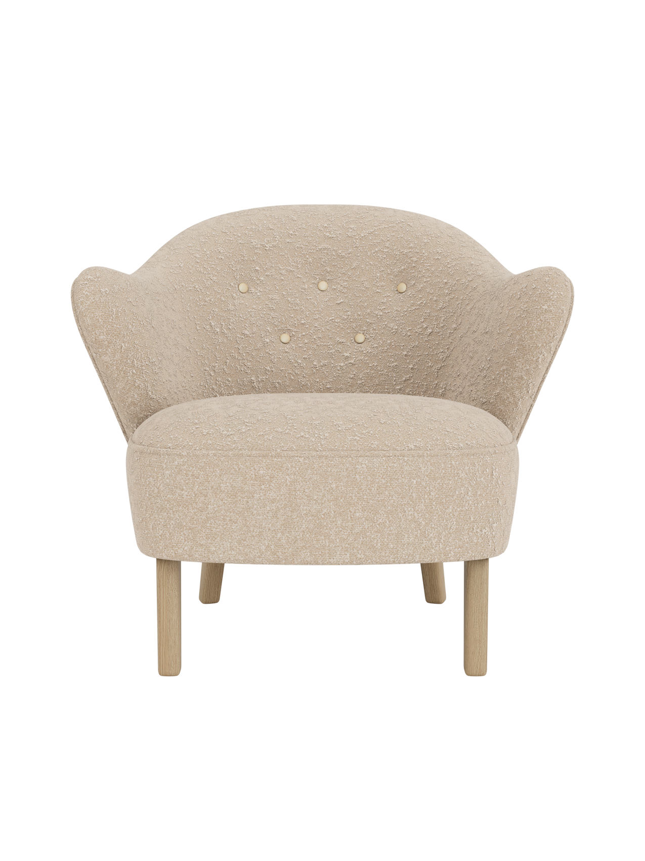 Front view of the Ingeborg Lounge Chair, light beige textured upholstery, button-tufted back and natural oak legs.