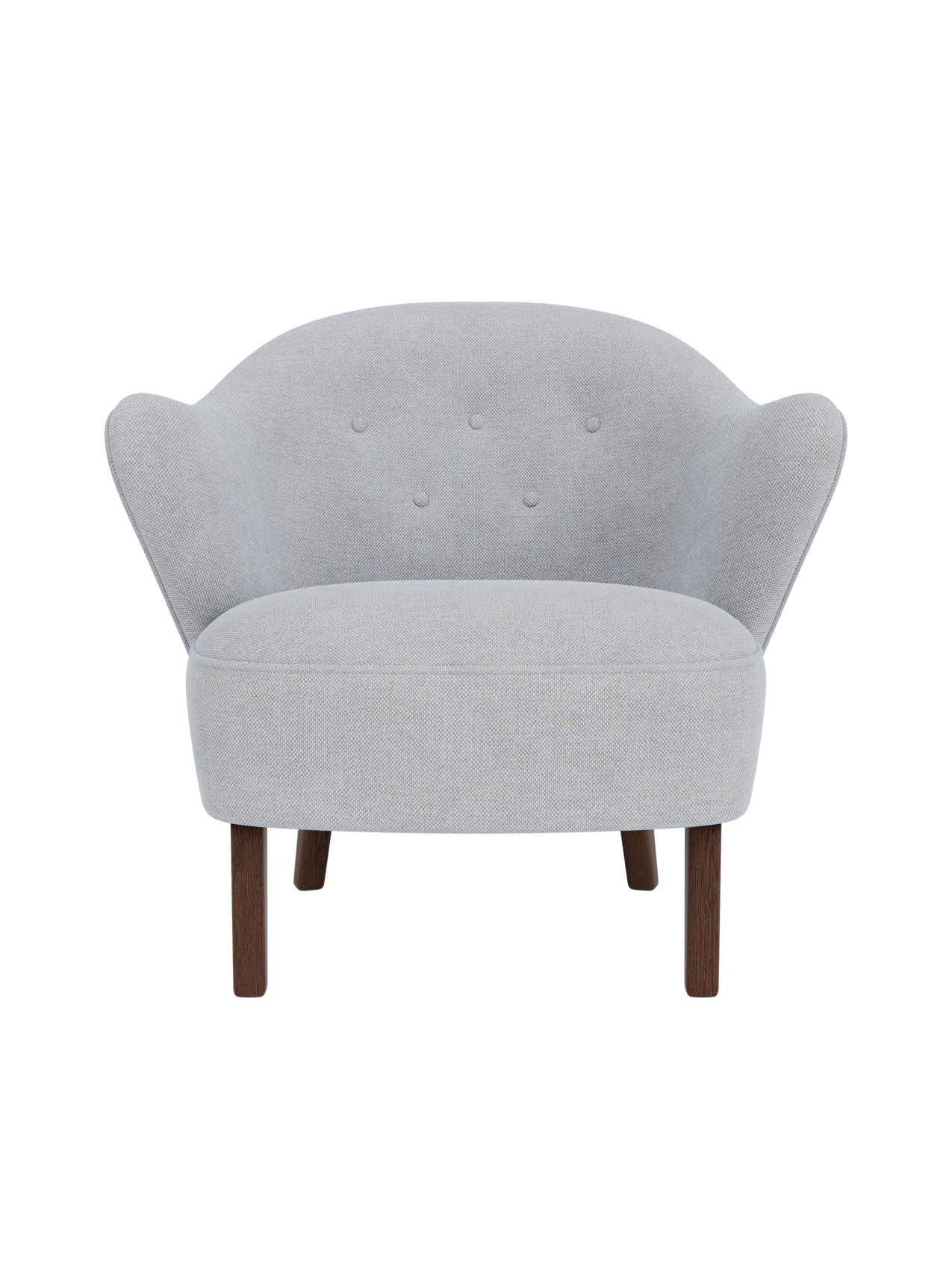 Front view of the Ingeborg Lounge Chair in a light grey fabric with four tufted buttons and dark stained oak legs.