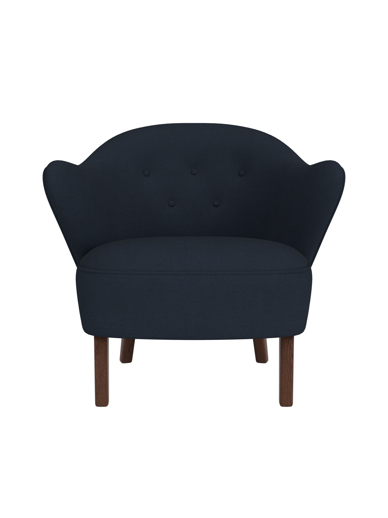 Front view of the Ingeborg Lounge Chair in dark blue Fiord 782 textile, featuring a tufted back and dark smoked oak legs.