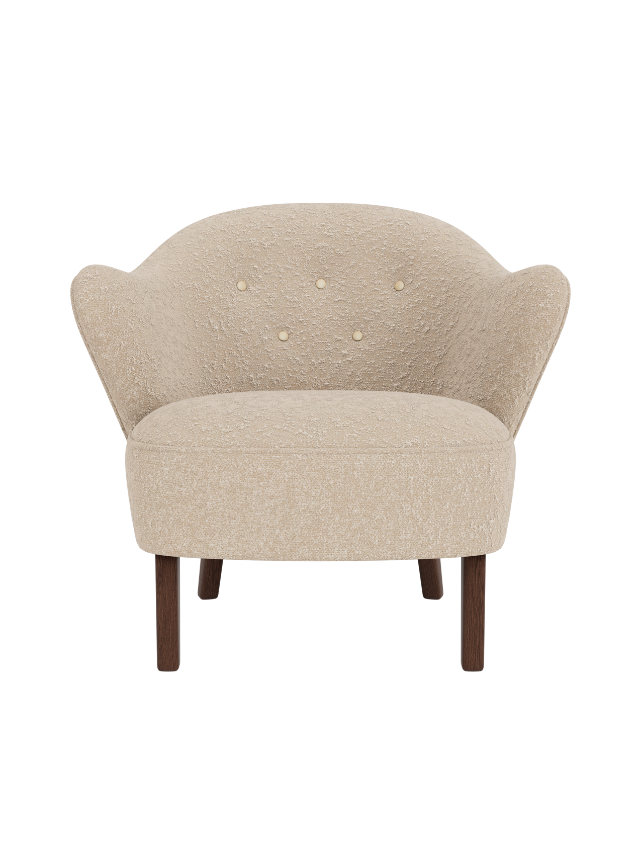 Front view of the Ingeborg Lounge Chair in textured beige fabric, with a button-tufted back and smoked oak legs.