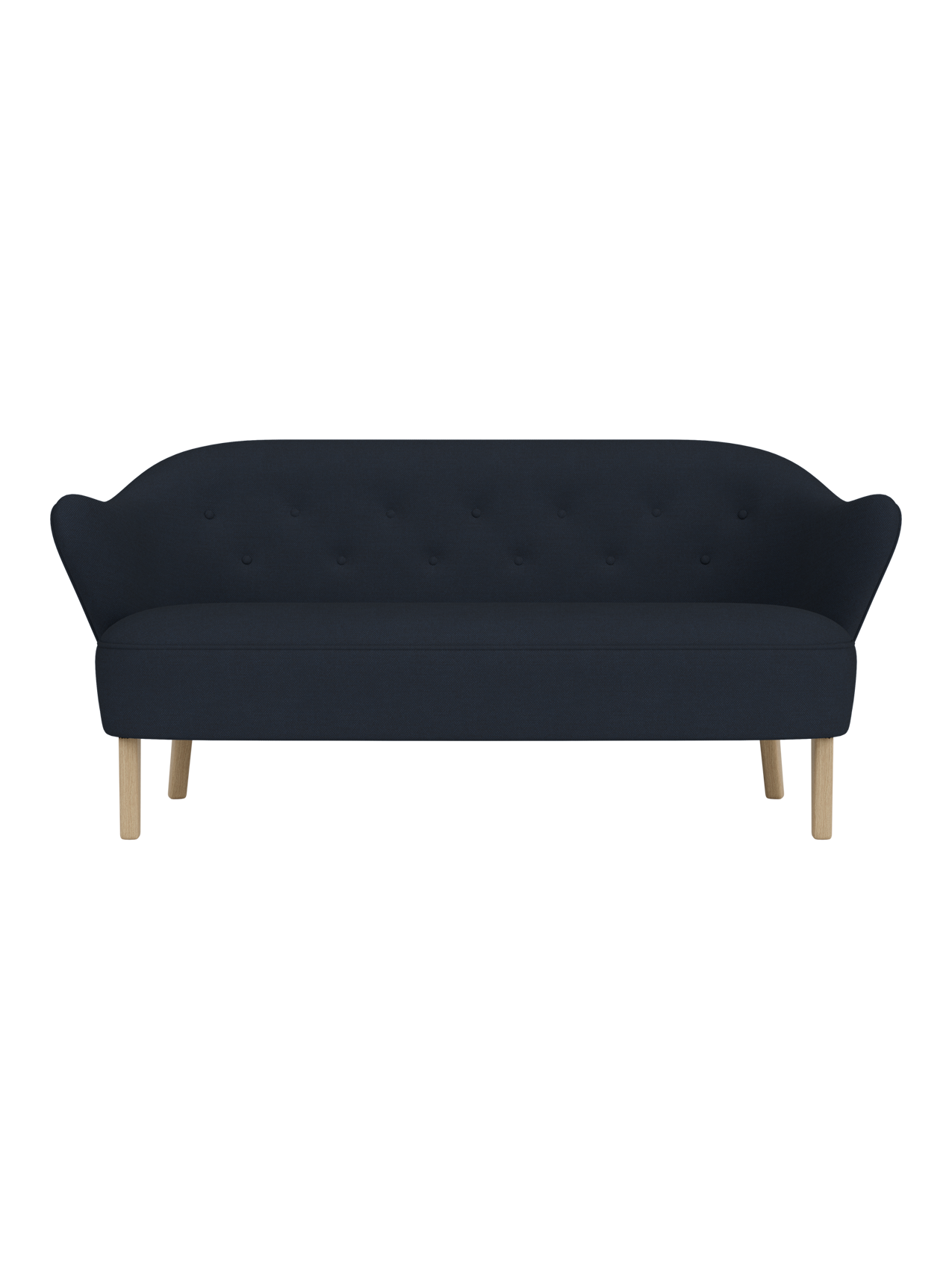 A front-on view of the Ingeborg Sofa. It features dark blue button-tufted upholstery, curved armrests, and natural oak legs.