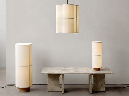 The Hashira lighting collection, featuring the Floor Lamp, a table lamp, and a pendant lamp, styled in a minimalist interior.