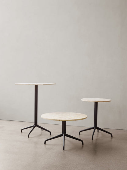 Three Harbour Column Tables in varying heights, including lounge, dining, and bar tables with marble tops and black bases.