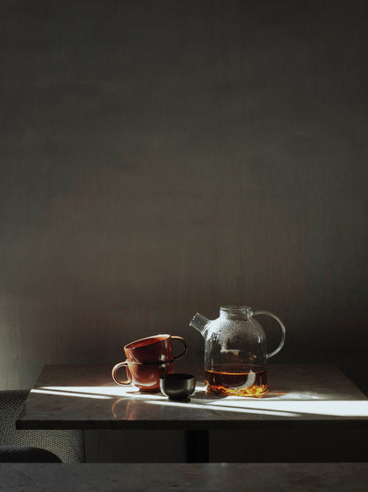 A glass teapot with amber tea, two stacked terracotta mugs, and a small bowl resting on a marble table in a ray of sunlight.