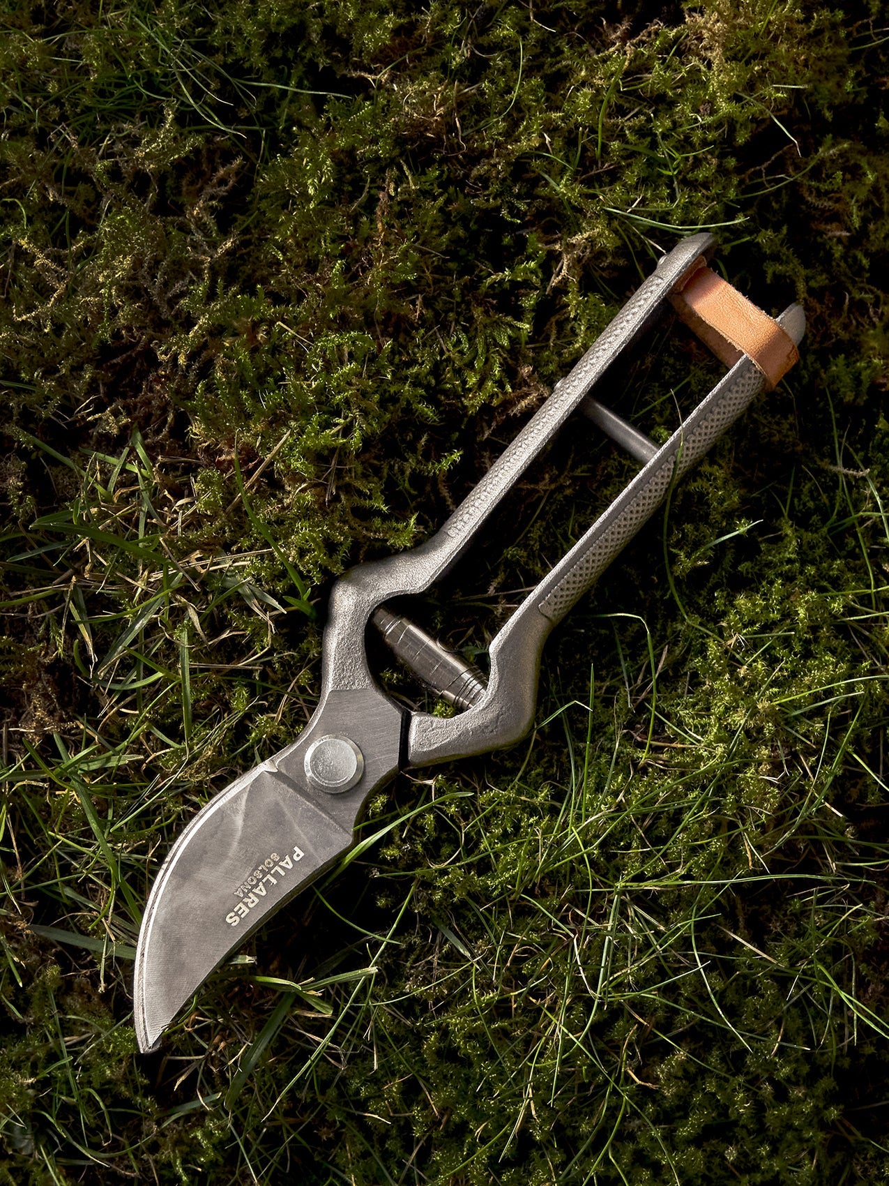 A close-up, overhead shot of the Pallares Plant Shears resting on lush green moss and grass, highlighting their design.