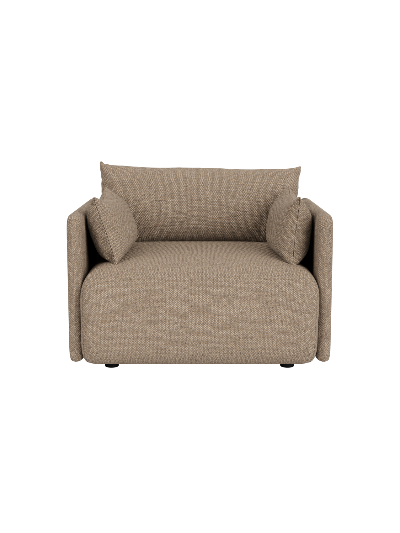 Front view of the Offset Sofa, a 1-seater armchair upholstered in textured Logan Flint fabric against a black background.