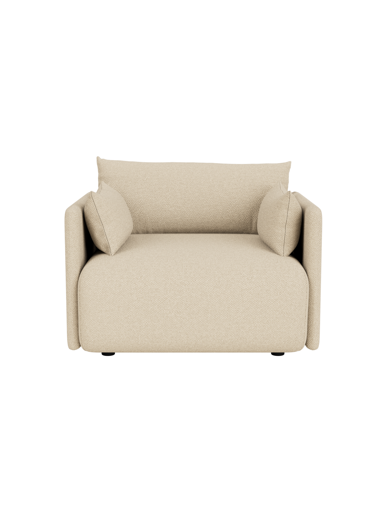A front, high-angle view of the Offset Sofa, a one-seater armchair upholstered in textured, sand-coloured Logan fabric.