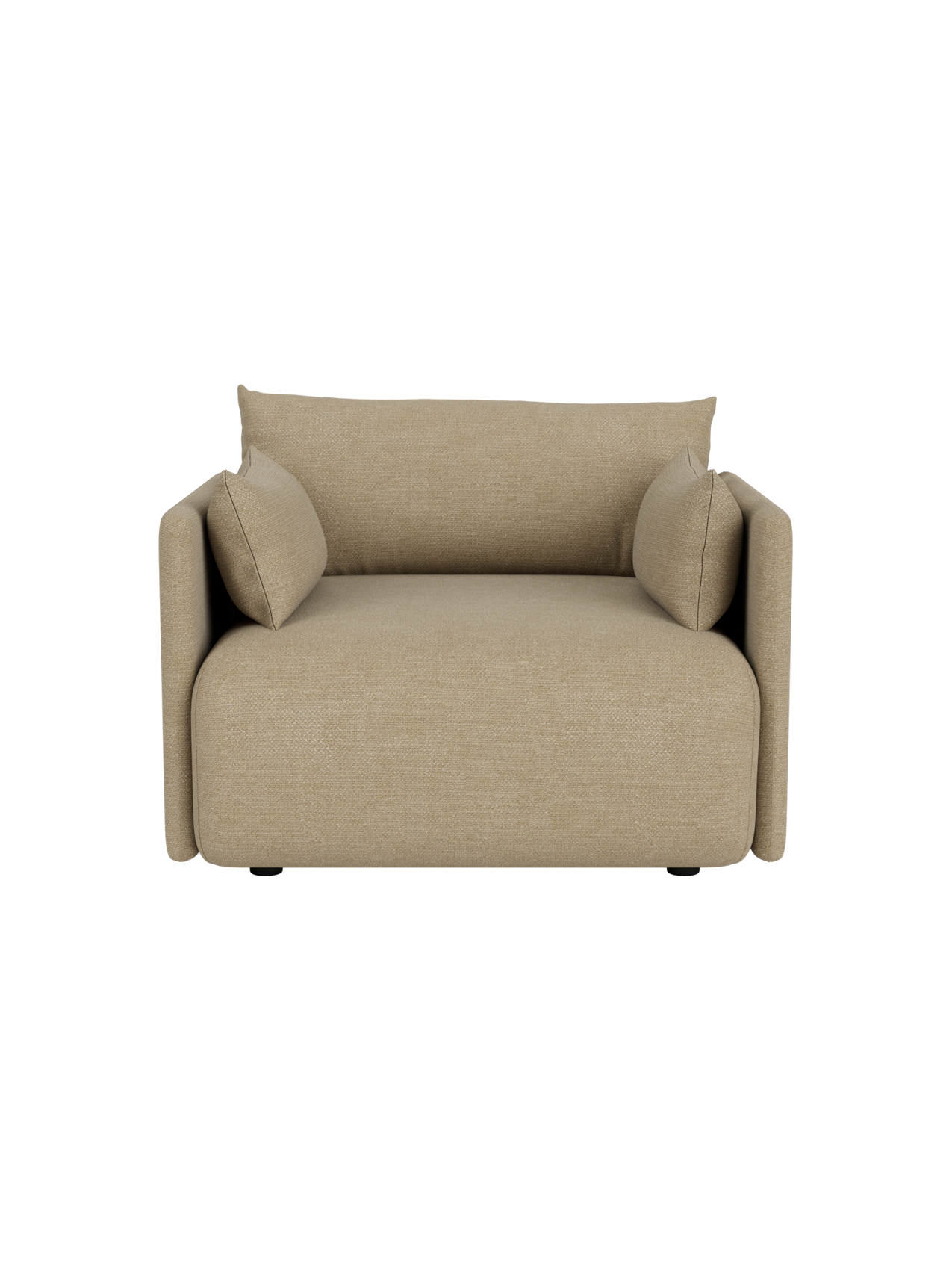 Front view of the Offset Sofa, a 1-seater armchair upholstered in light beige Audo Bouclé 02 fabric on black background