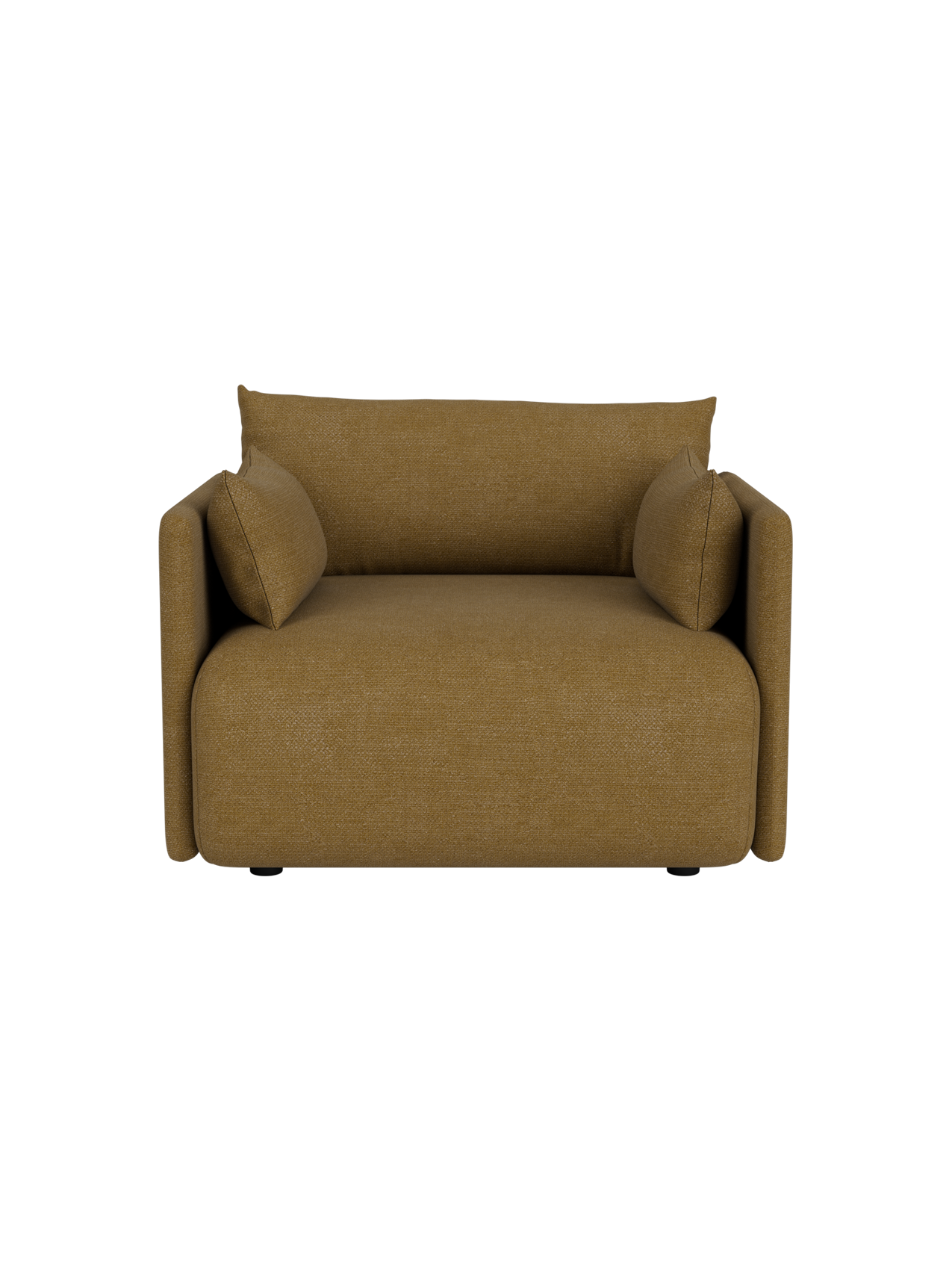 Front view of the Offset Sofa, a one-seater armchair upholstered in mustard Audo Bouclé 06 fabric, on a black background.