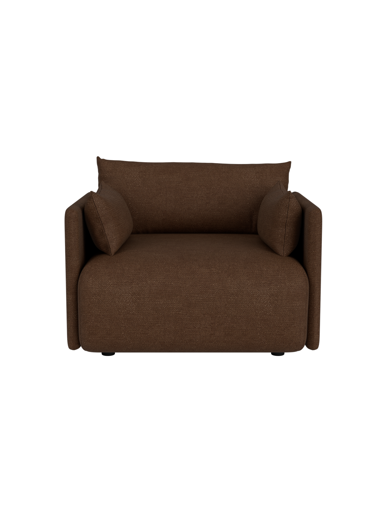 Front view of the Offset Sofa armchair in brown Audo Bouclé 07 fabric. A one-seater sofa has a boxy frame and soft cushions.