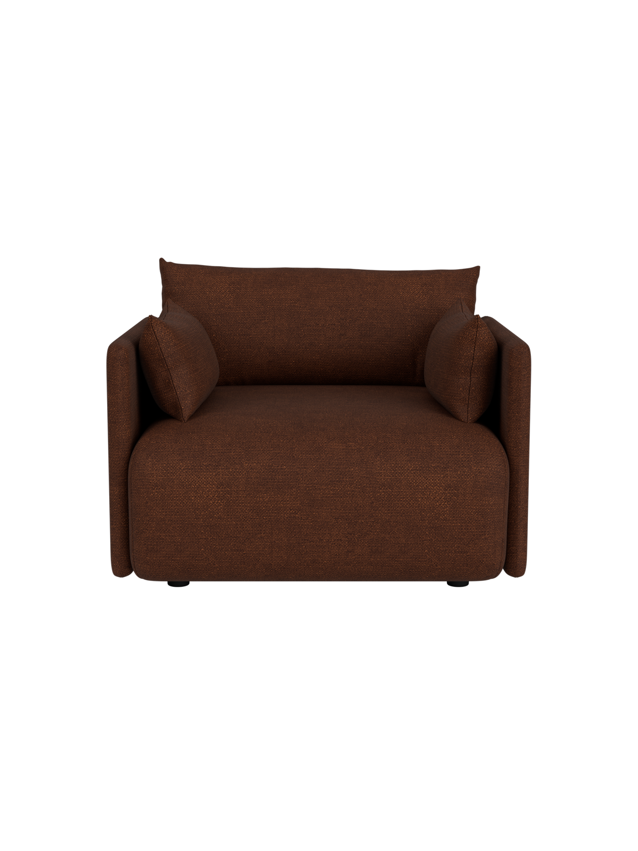 A front view of the Offset Sofa, a one-seater armchair in textured brown Audo Bouclé 08 fabric on a black background.