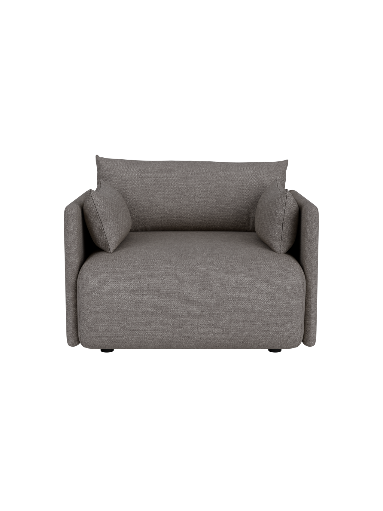 A high-angle, front-on view of the Offset Sofa as a 1-seater armchair, upholstered in a textured grey Audo Bouclé fabric.