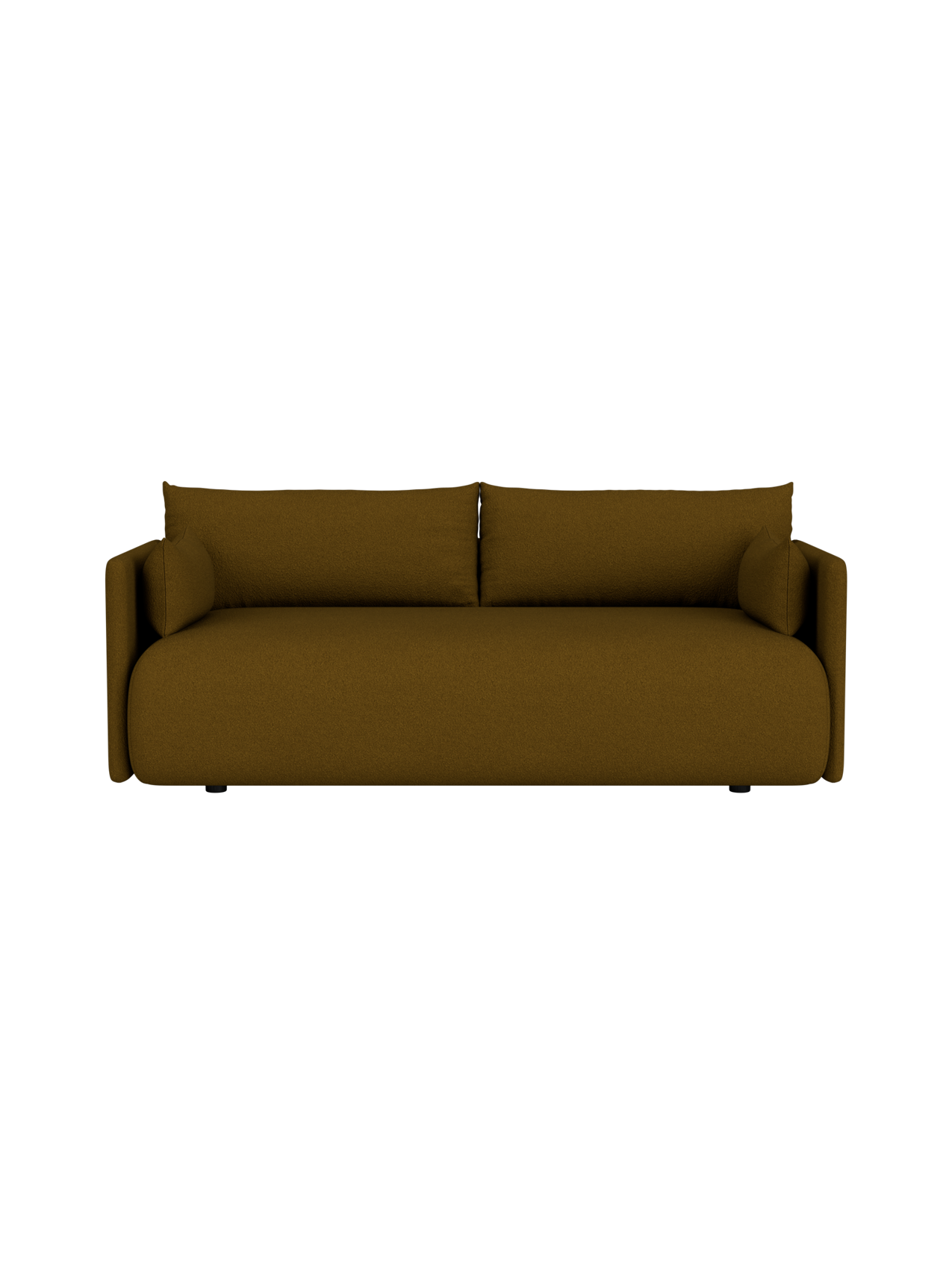 A studio, front-facing image of the Offset Sofa, a 2-seater model upholstered in a deep, mustard-yellow textured fabric.
