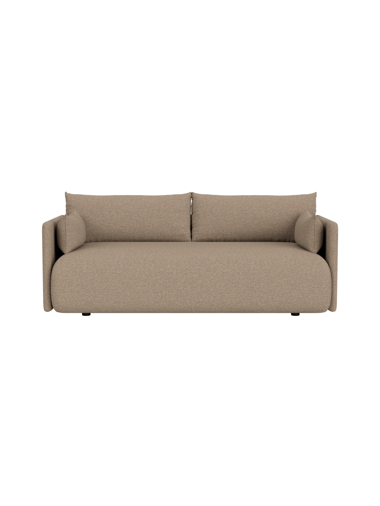 A front-on view of the modern Offset Sofa. This 2-seater is upholstered in a textured, light brown Logan Flint fabric.