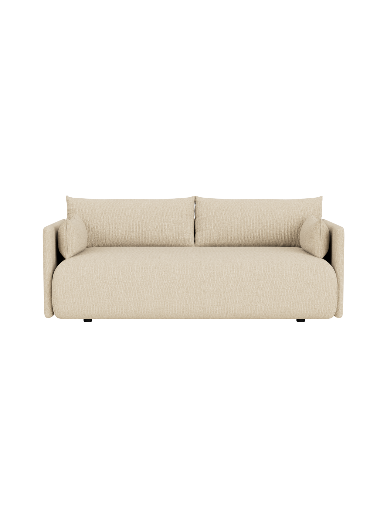 An overhead view of the Offset 2-Seater Sofa in textured, sandy-beige Logan Sand upholstery, isolated on a black background.