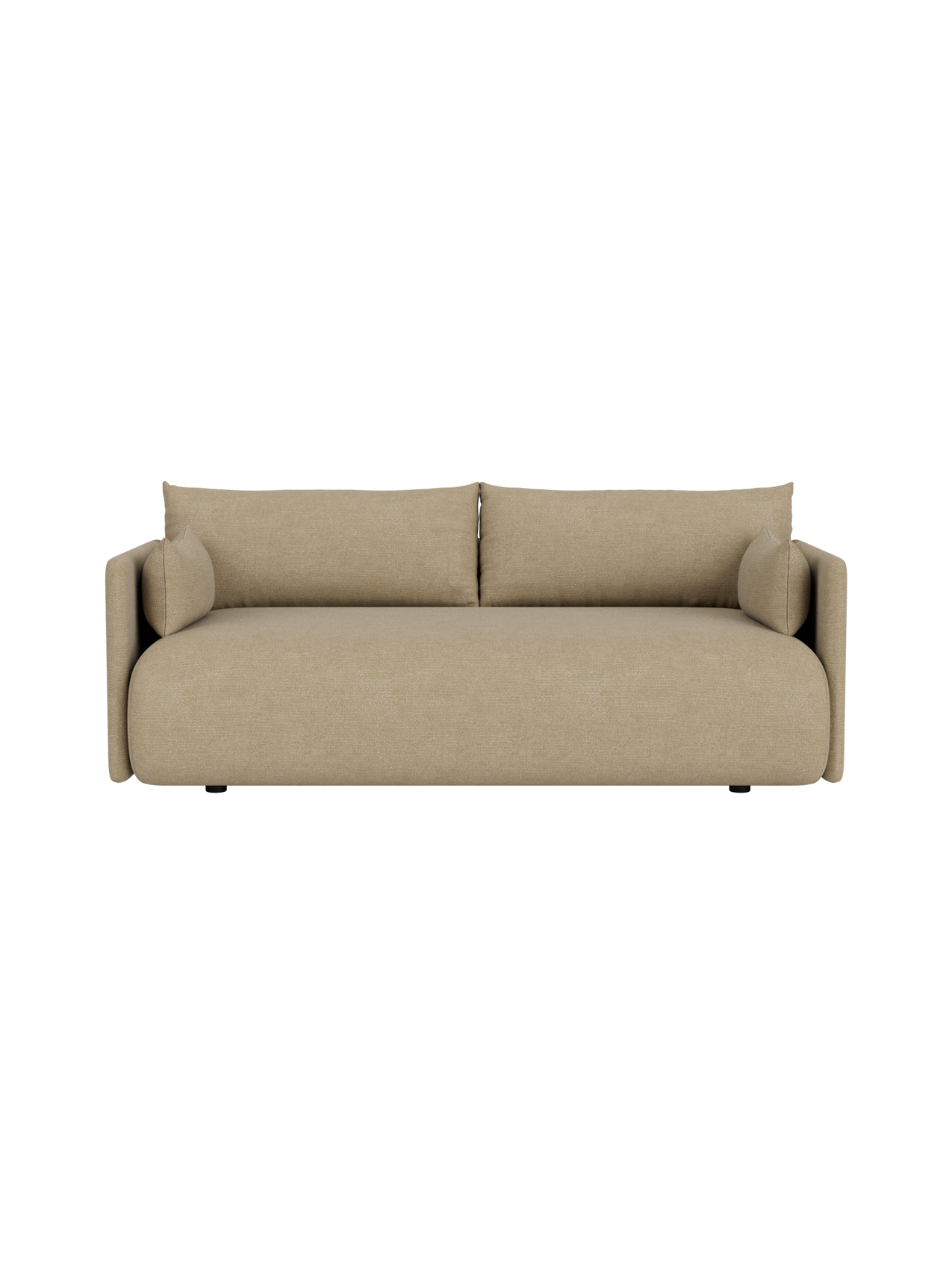 A top-down view of the Offset Sofa 2-seater, upholstered in a light beige Audo Bouclé 02 fabric, against a black background.