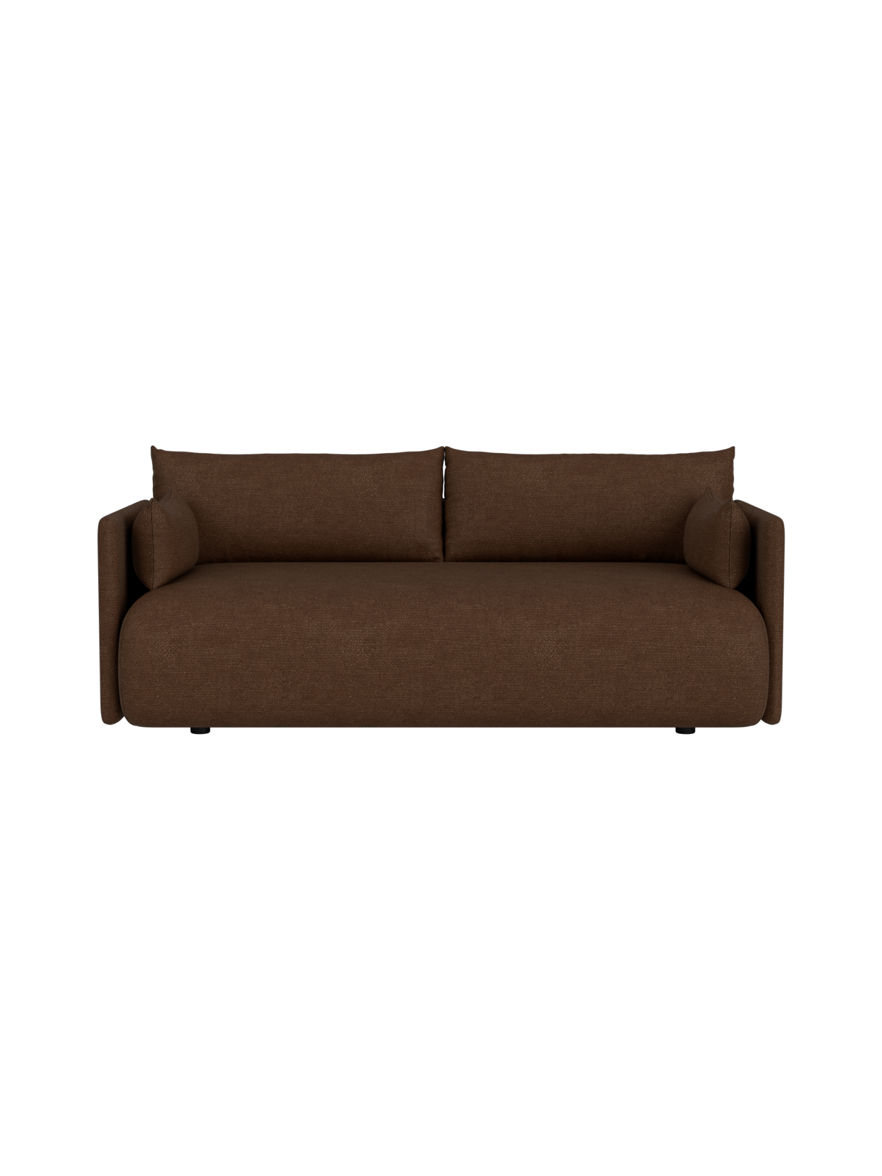 Front view of the brown, two-seater Offset Sofa in Audo Bouclé 07 fabric, shown against a plain black background.