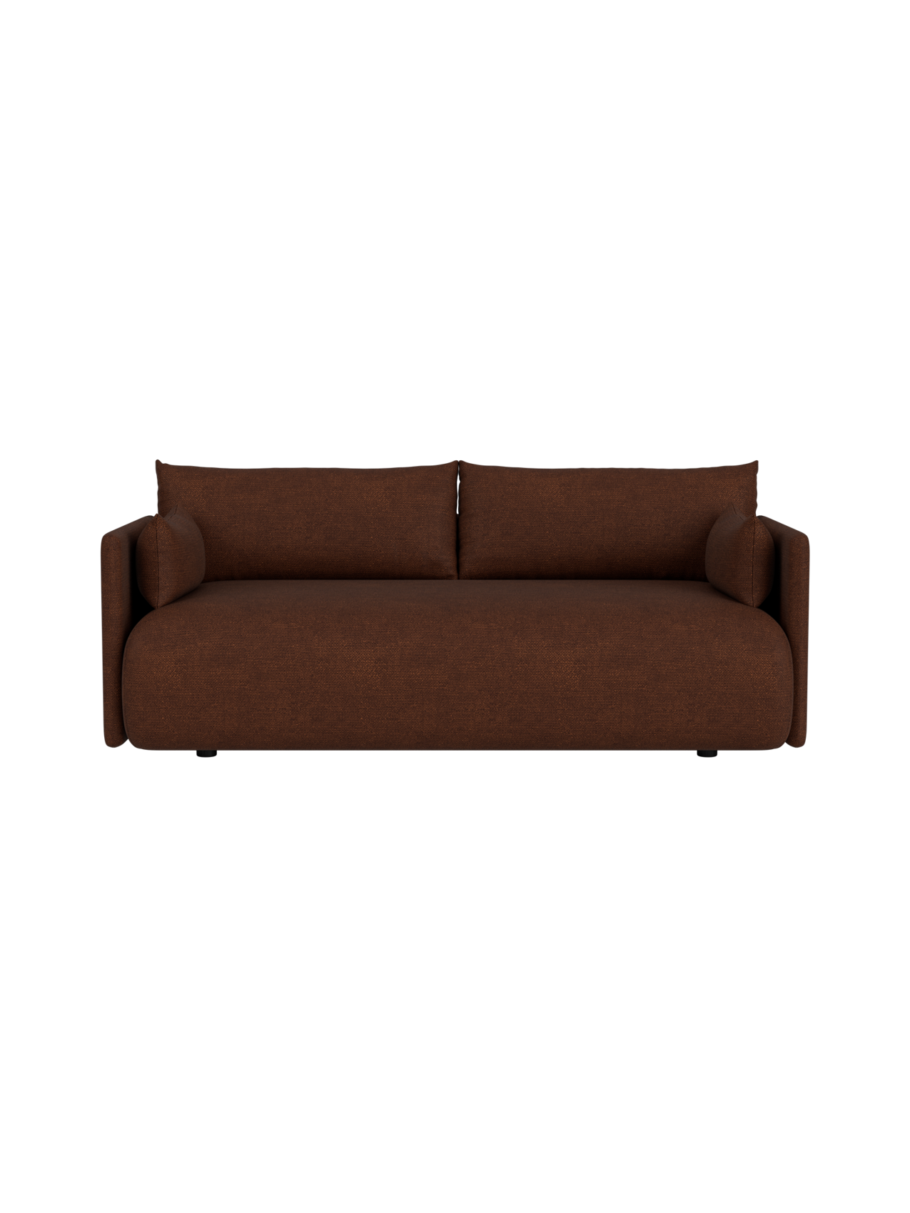 A front view of the Offset Sofa, a 2-seater upholstered in textured, brown Audo Bouclé 08 fabric against a black background.