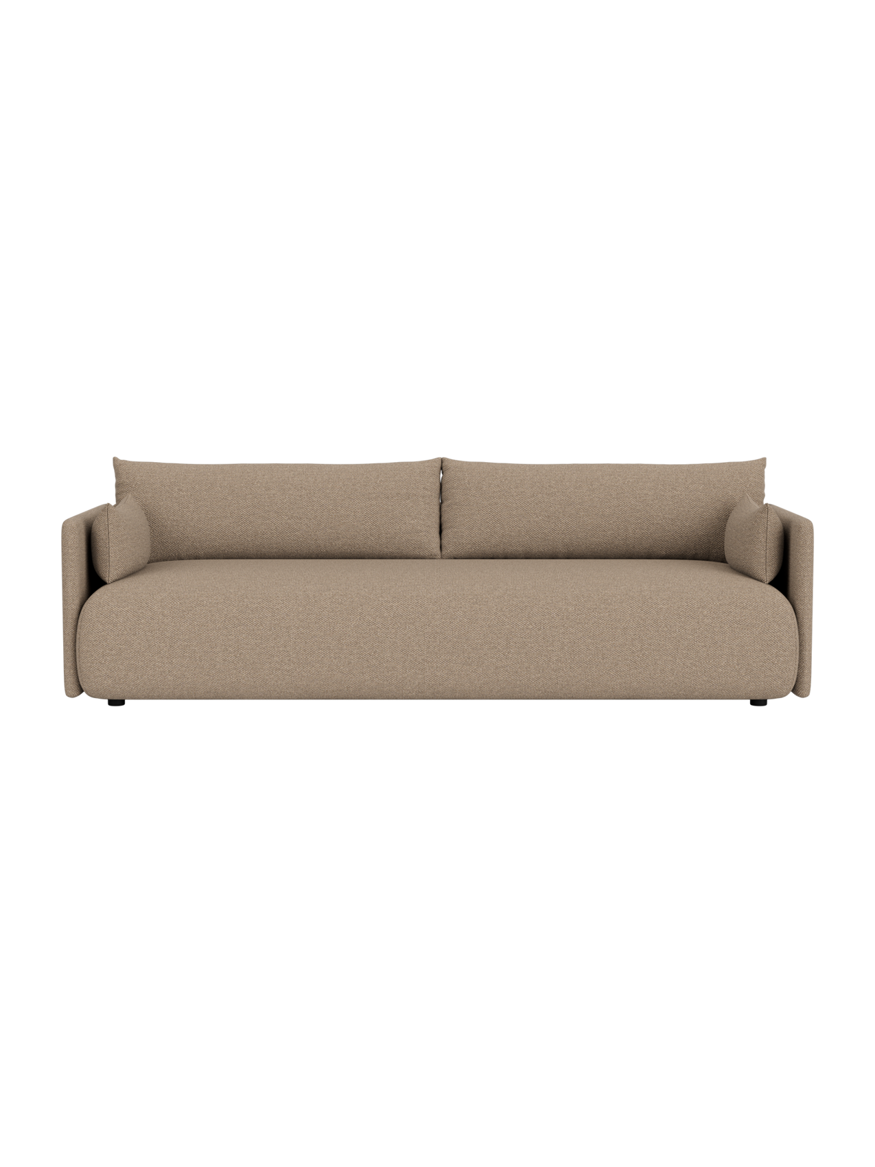 Front view of the Offset Sofa, a 3-seater model upholstered in a light brown Logan Flint fabric, shown on a black background.