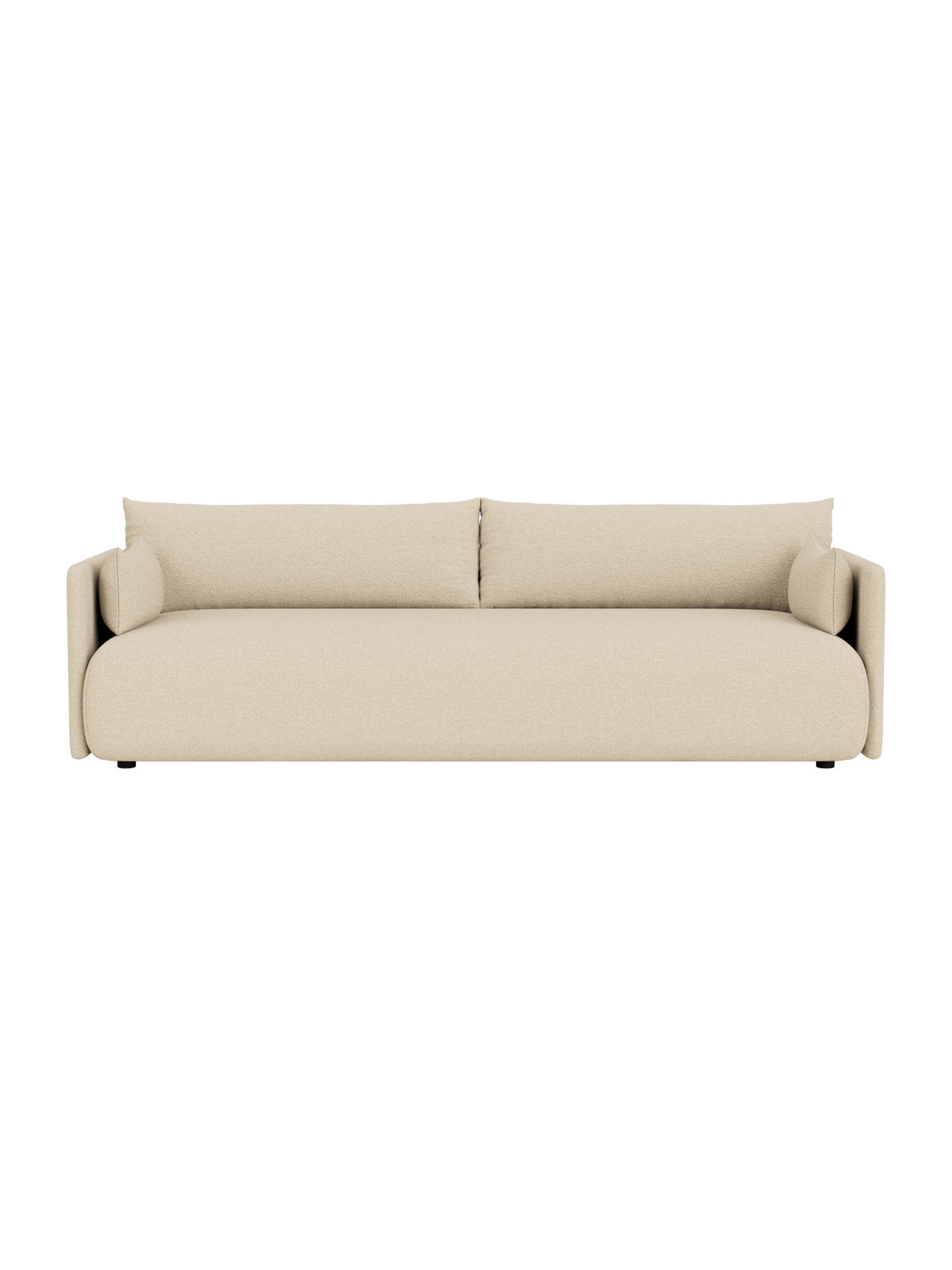 Top-down view of the Offset Sofa, a 3-seater upholstered in light beige Logan Sand fabric, isolated on a black background.