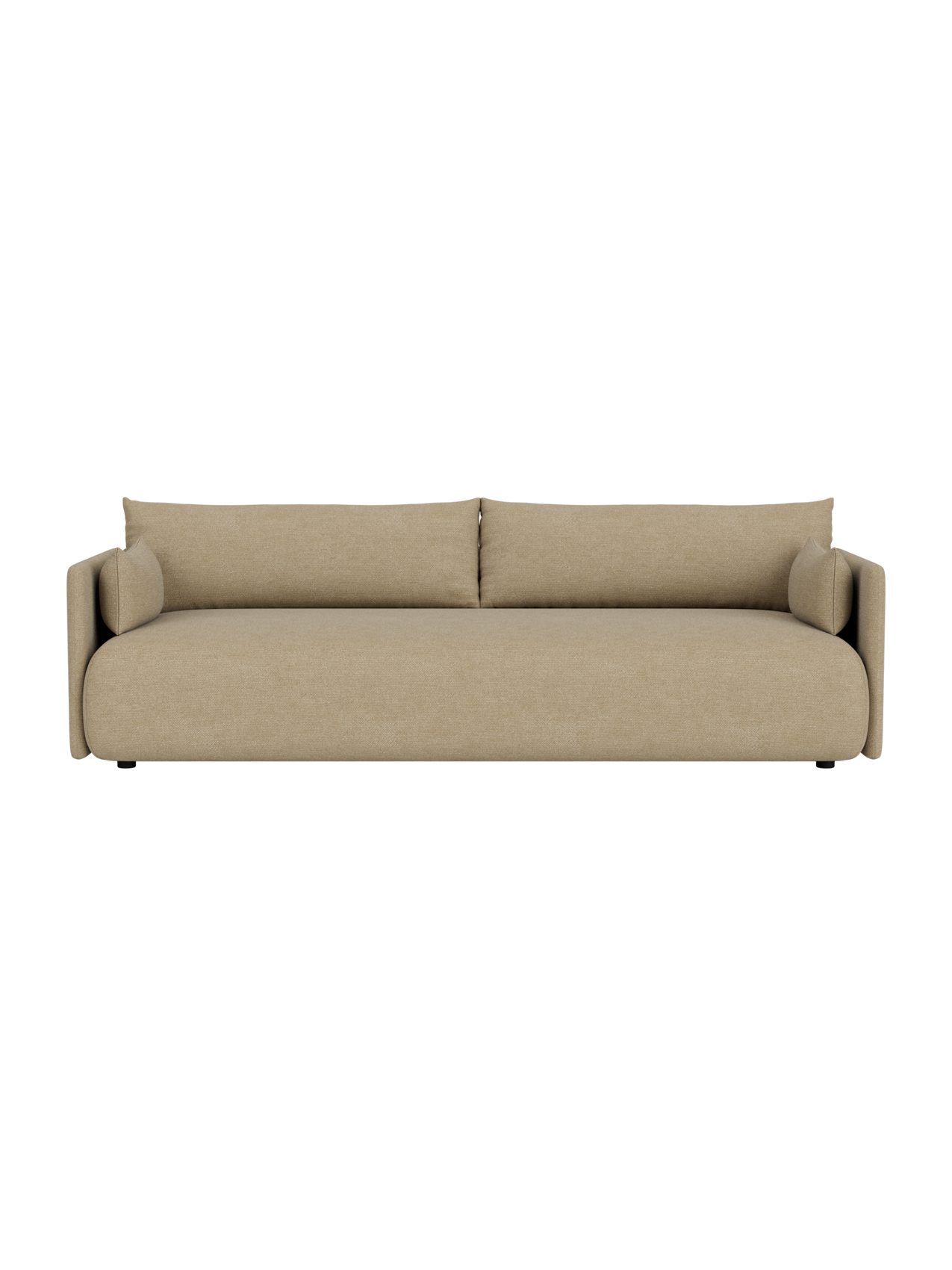 A front-on view of the Offset Sofa, a three-seater upholstered in Audo Bouclé 02, a light beige textured fabric.