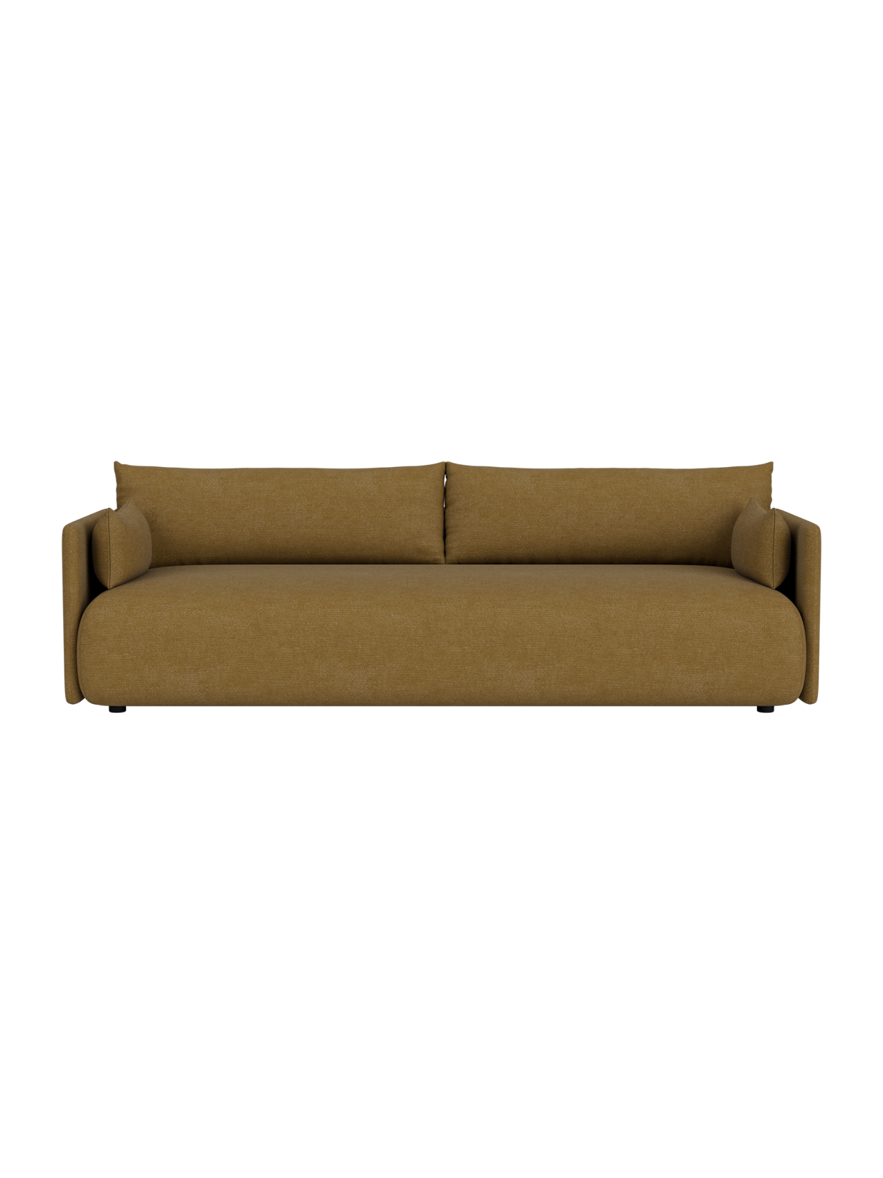 Front view of the modern Offset Sofa, 3-seater version, upholstered in a textured, mustard-yellow Audo Bouclé 06 fabric.
