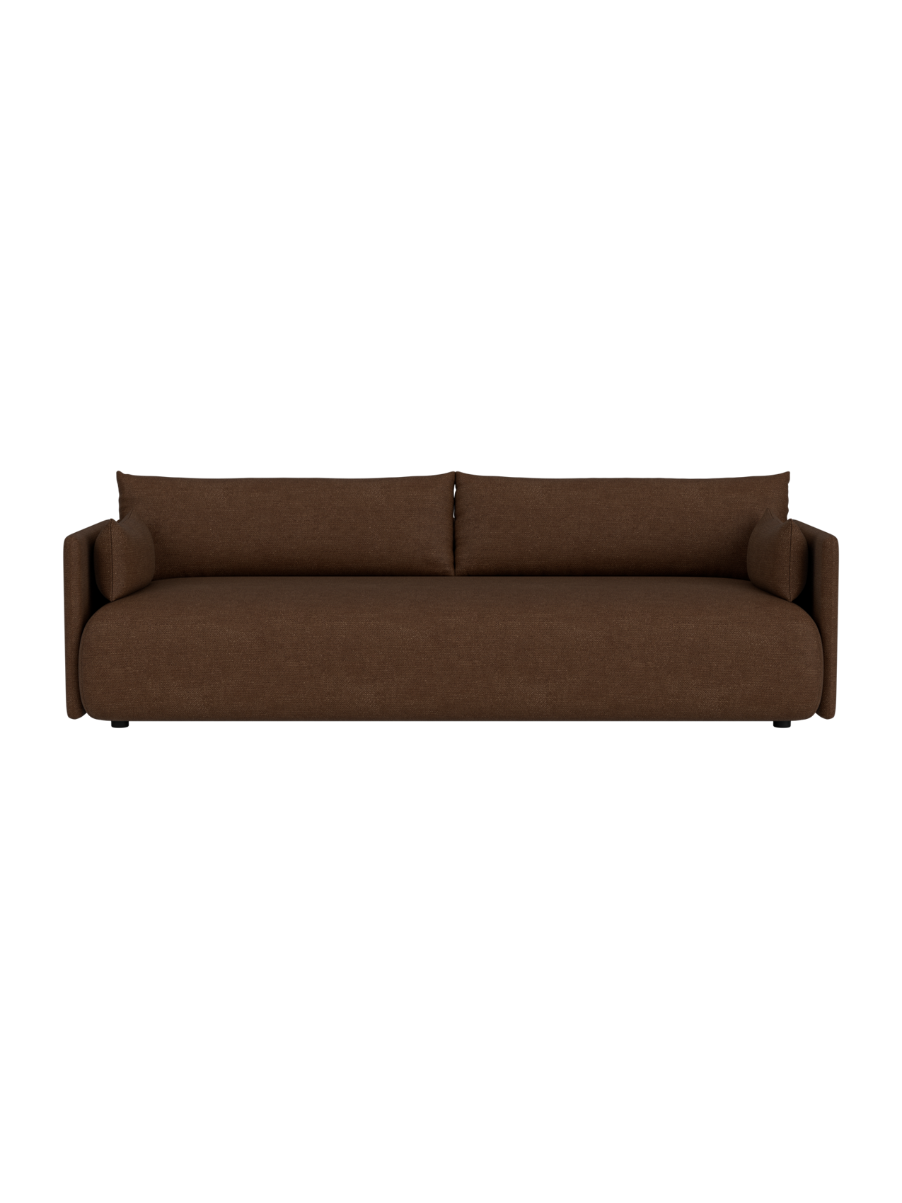 A front-facing view of the Offset Sofa, 3-seater, in brown Audo Bouclé 07 fabric on a black background.