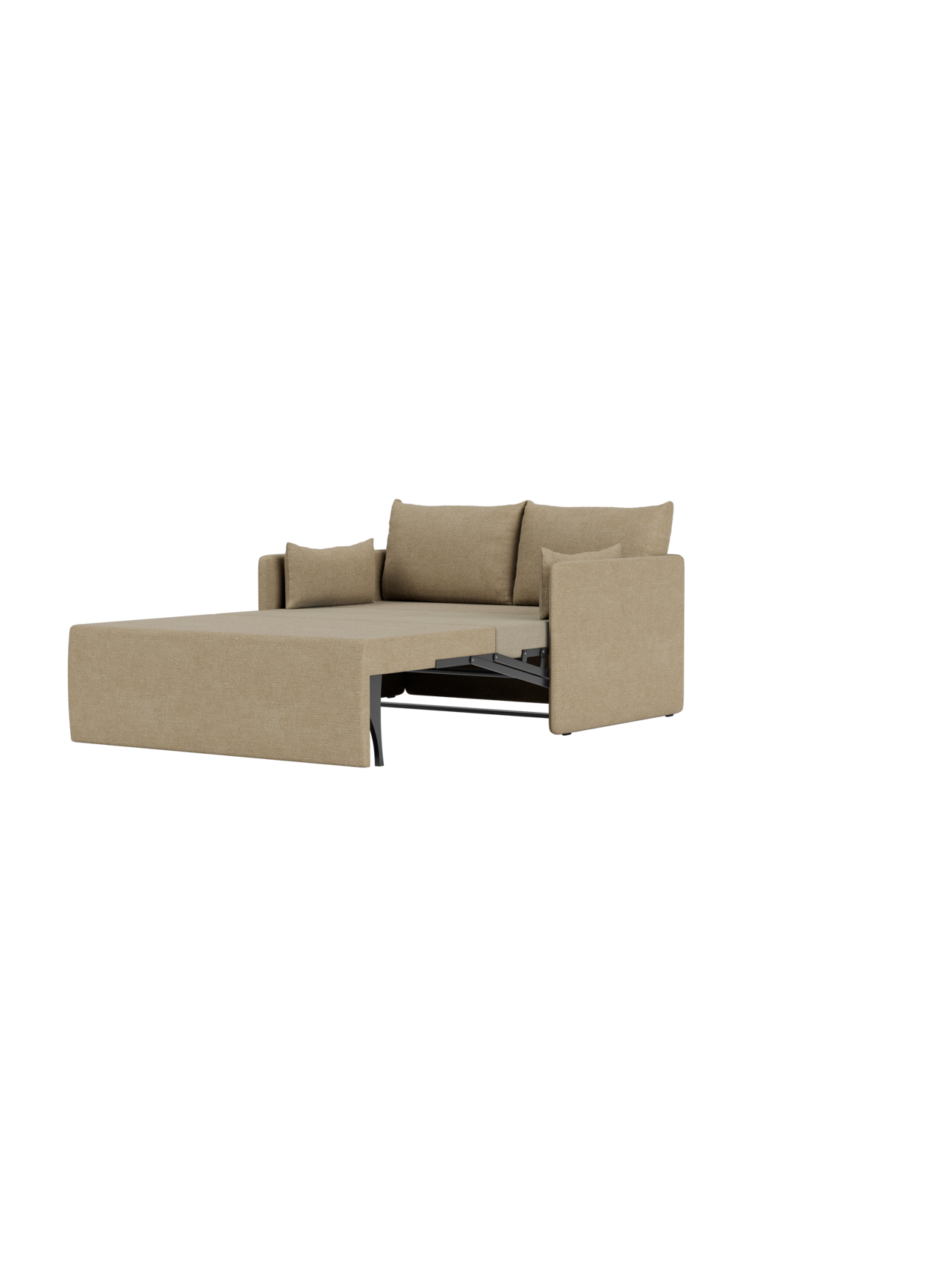A side-front view of the Offset Sofa Bed upholstered in Audo Bouclé 02, shown fully extended into its bed position.