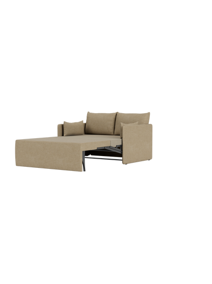 A side-front view of the Offset Sofa Bed upholstered in Audo Bouclé 02, shown fully extended into its bed position.