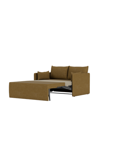 The Offset Sofa Bed, a 2-seater upholstered in brown Audo Bouclé 06 fabric, shown from the side as it pulls out into a bed.