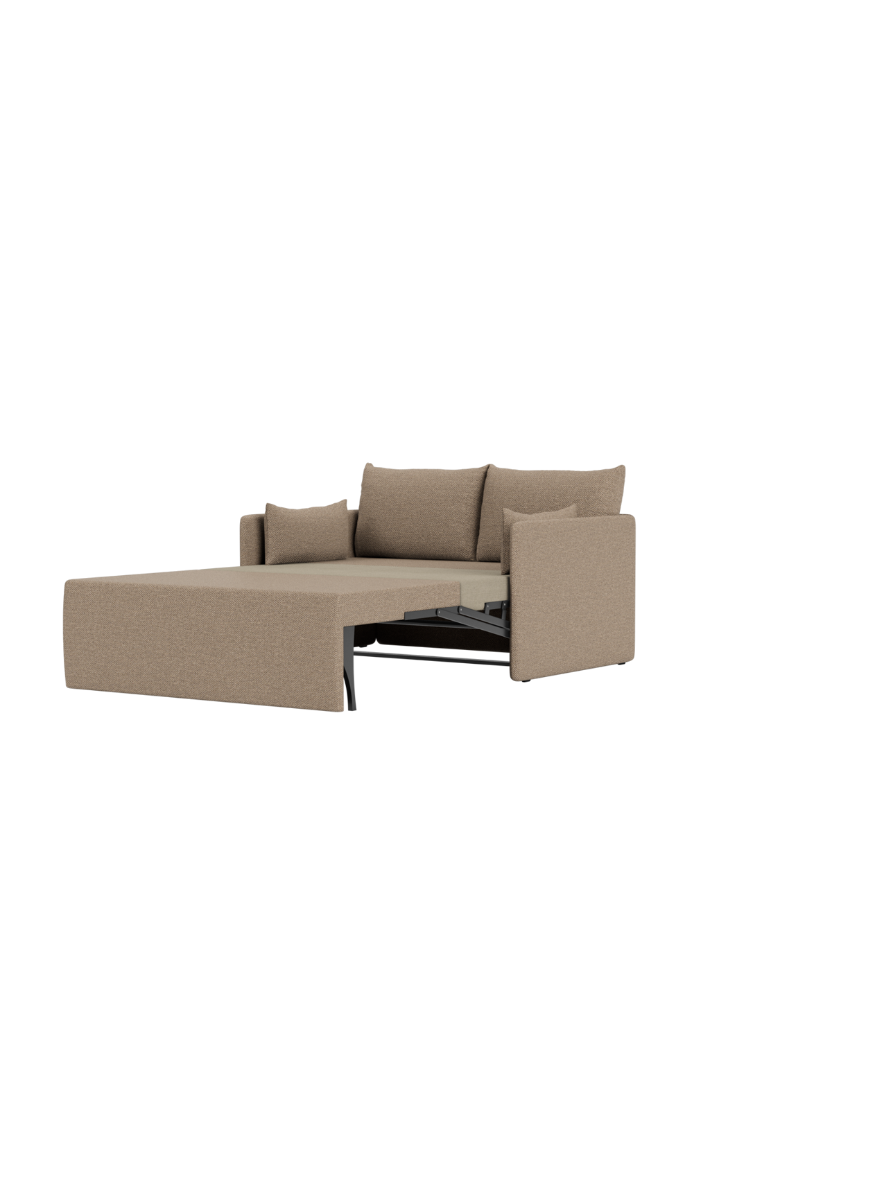The two-seater Offset Sofa Bed in textured Logan Flint fabric, pulled out into its bed position against a black background.
