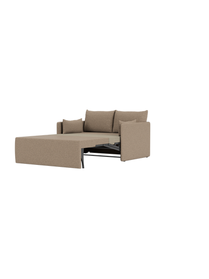 The two-seater Offset Sofa Bed in textured Logan Flint fabric, pulled out into its bed position against a black background.