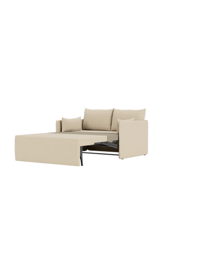 A front-three-quarter view of the Offset Sofa Bed in Logan Sand, shown partially converted from a 2-seater sofa into a bed.