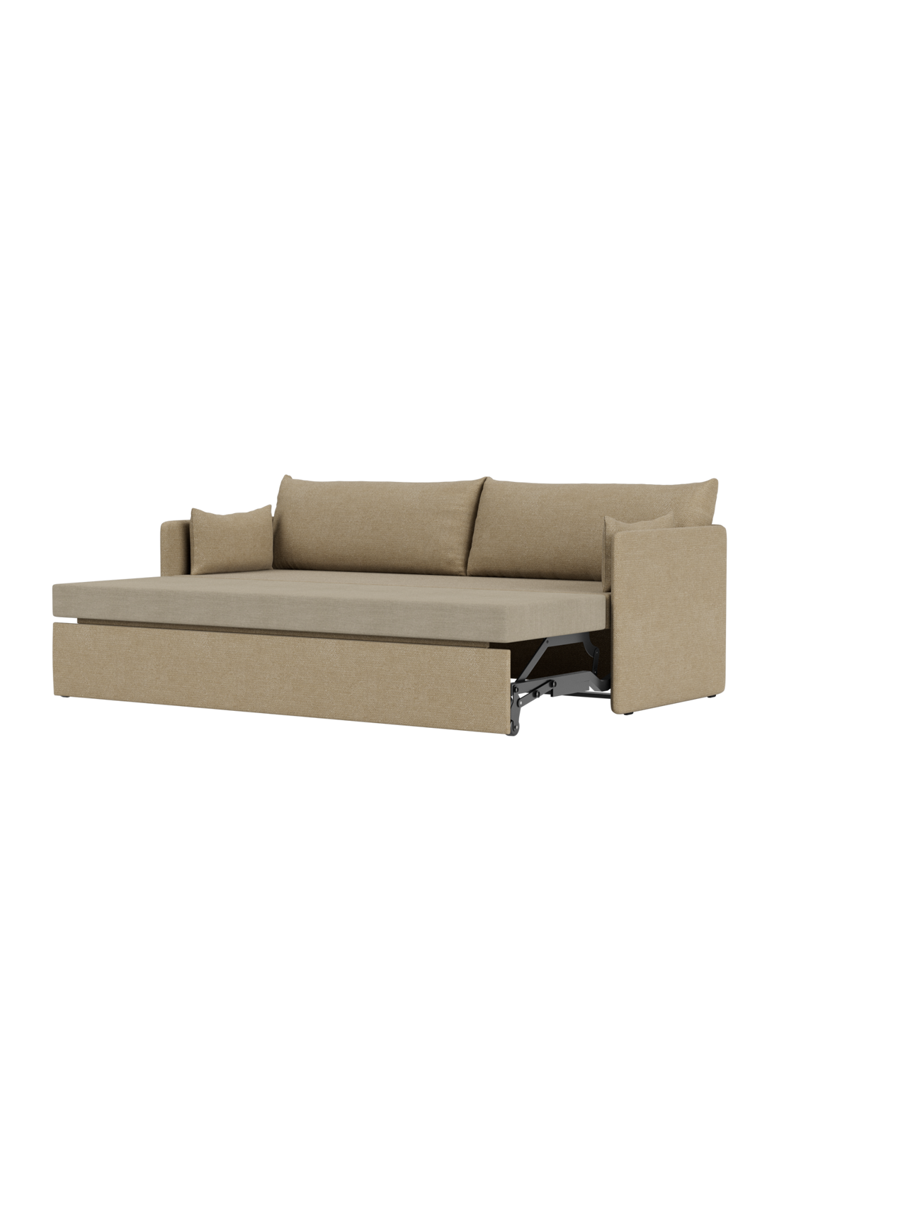 Side view of the Offset Sofa Bed in beige Audo Bouclé upholstery, partially extended to show the mattress and mechanism.