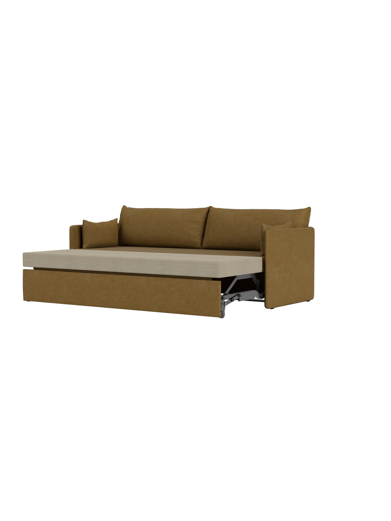 A 3-seater Offset Sofa Bed upholstered in Audo Bouclé 06, shown pulled out into its open bed position on a black background.