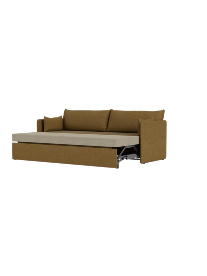 A 3-seater Offset Sofa Bed upholstered in Audo Bouclé 06, shown pulled out into its open bed position on a black background.