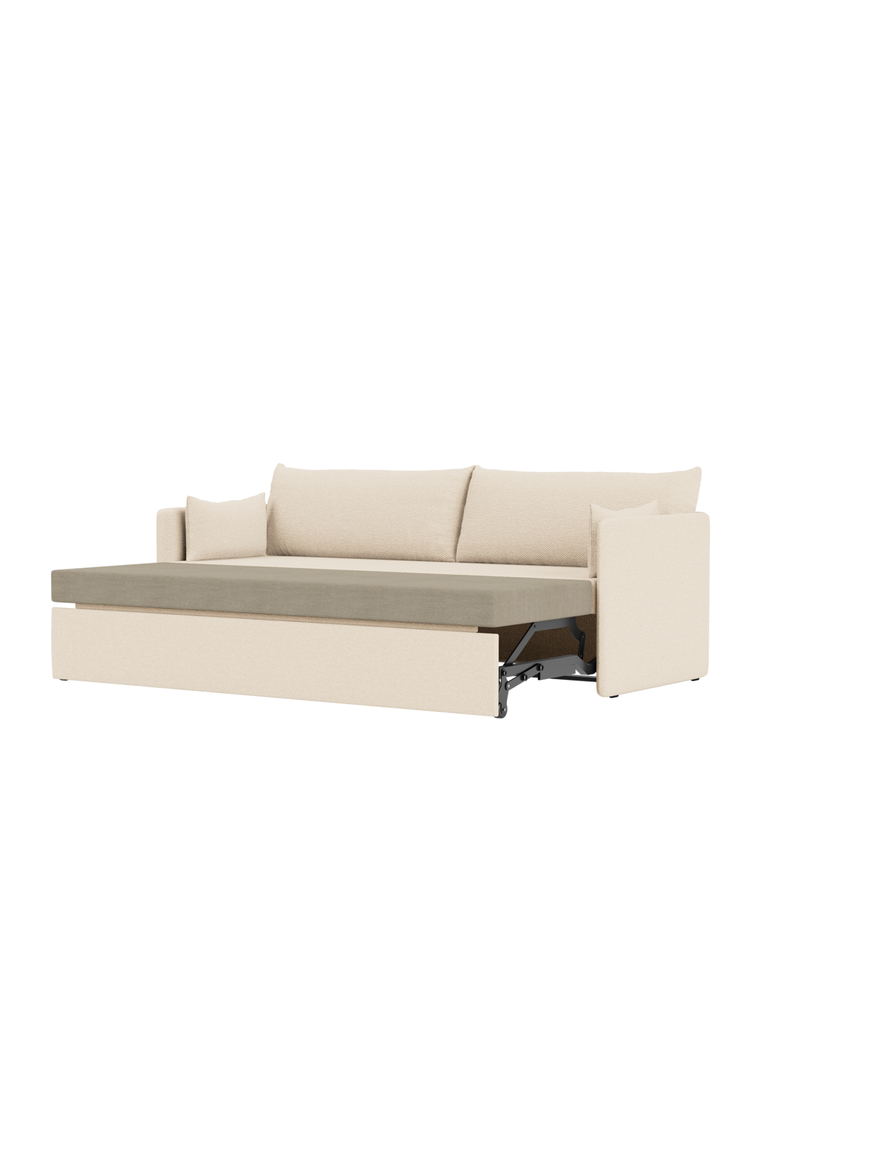 Side view of the Offset Sofa Bed in Logan Jasmine fabric, opened to show the bed mechanism and contrasting grey mattress.